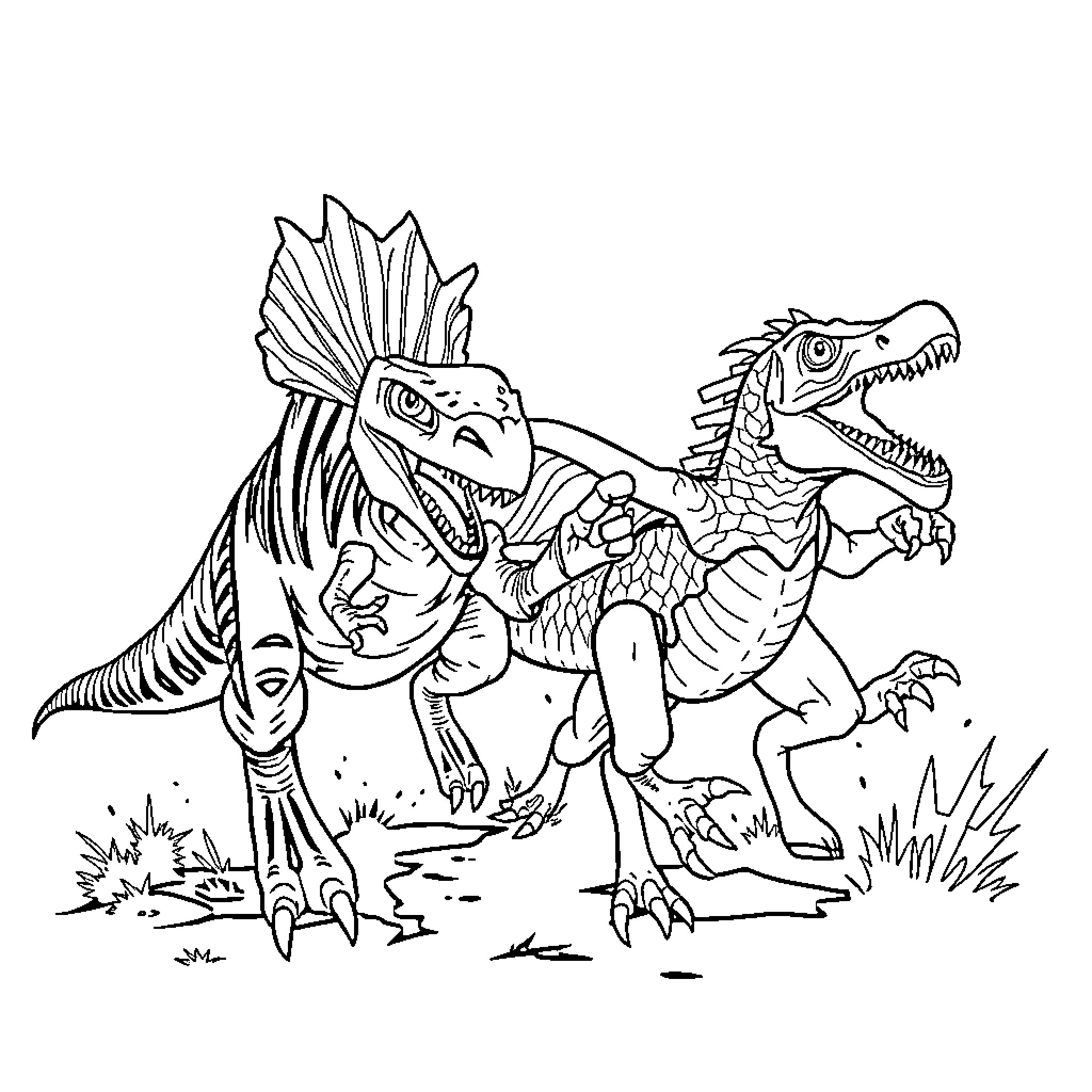 Dinosaur roaring fiercely in the wilderness Coloring Page (free black-and-white line drawing printable PDF for all, from beginners to advanced learners, including children, teens, adults, and seniors)