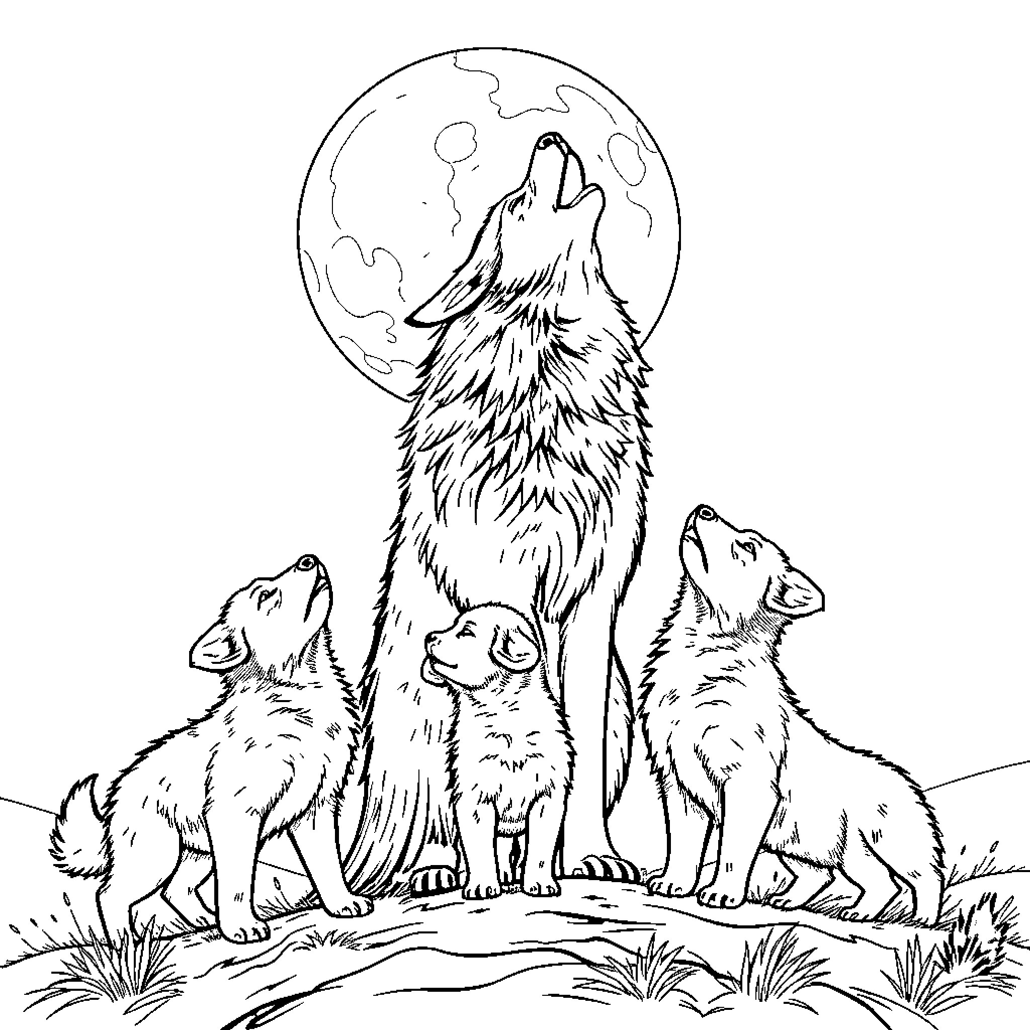 Wolf howling at the moon with pack Coloring Page (free black-and-white line drawing printable PDF for all, from beginners to advanced learners, including children, teens, adults, and seniors)