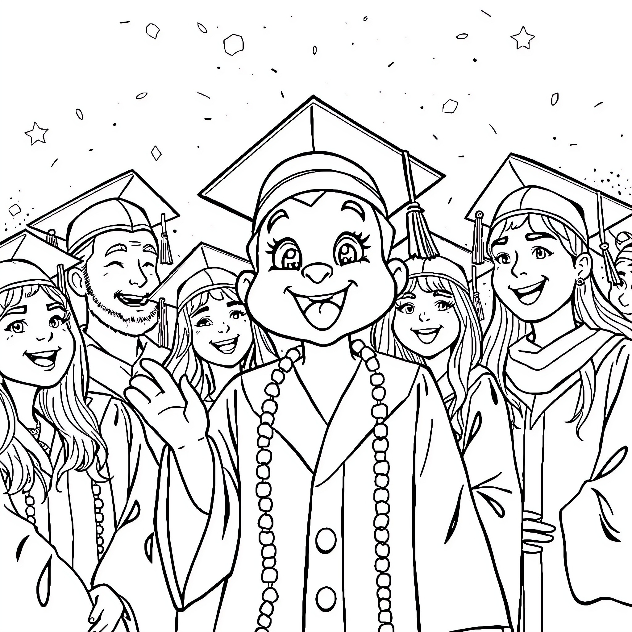Ralsie's Joyful Graduation Celebration Coloring Page (free black-and-white line drawing printable PDF for all, from beginners to advanced learners, including children, teens, adults, and seniors)