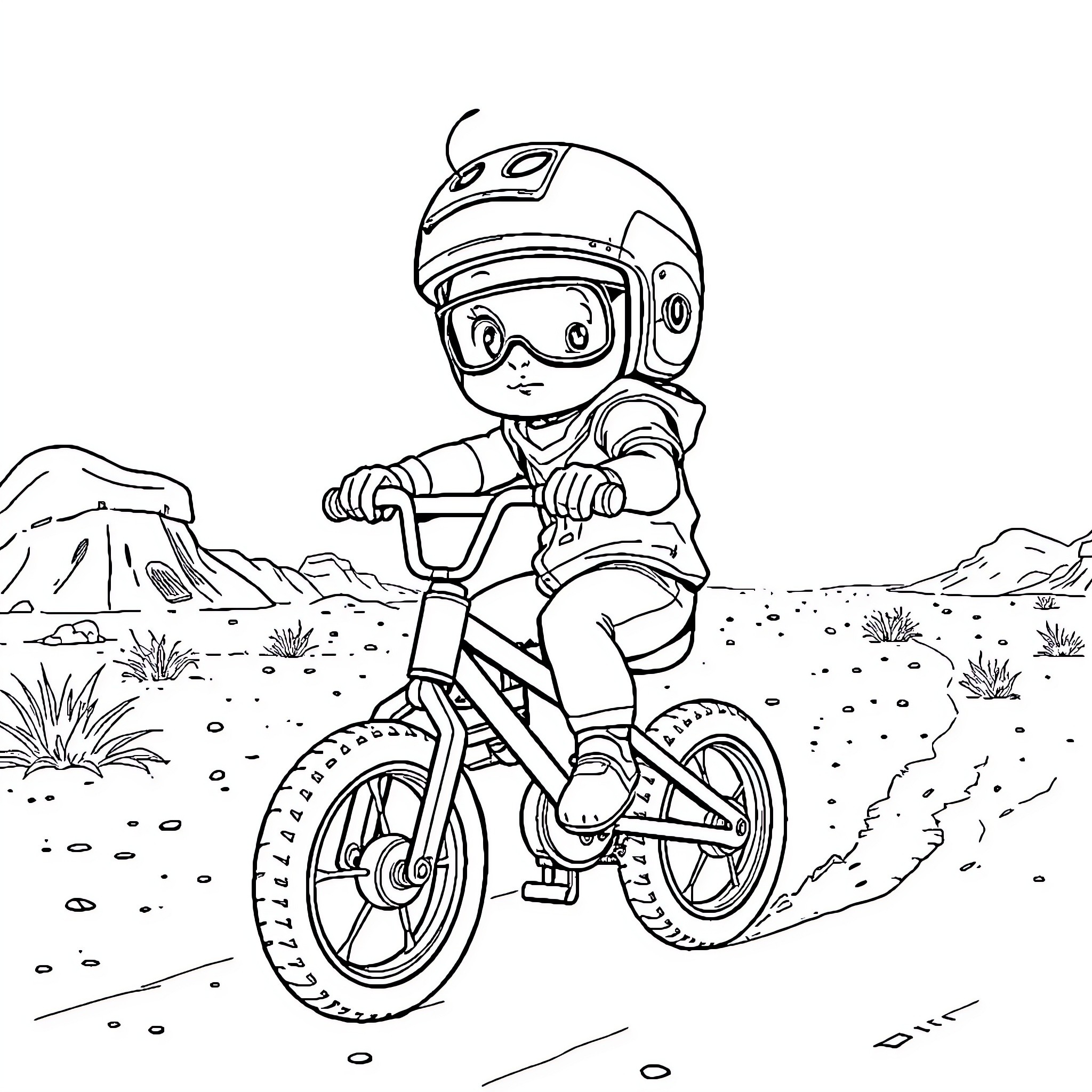Baby riding bicycle in desert landscape Coloring Page (free black-and-white line drawing printable PDF for all, from beginners to advanced learners, including children, teens, adults, and seniors)