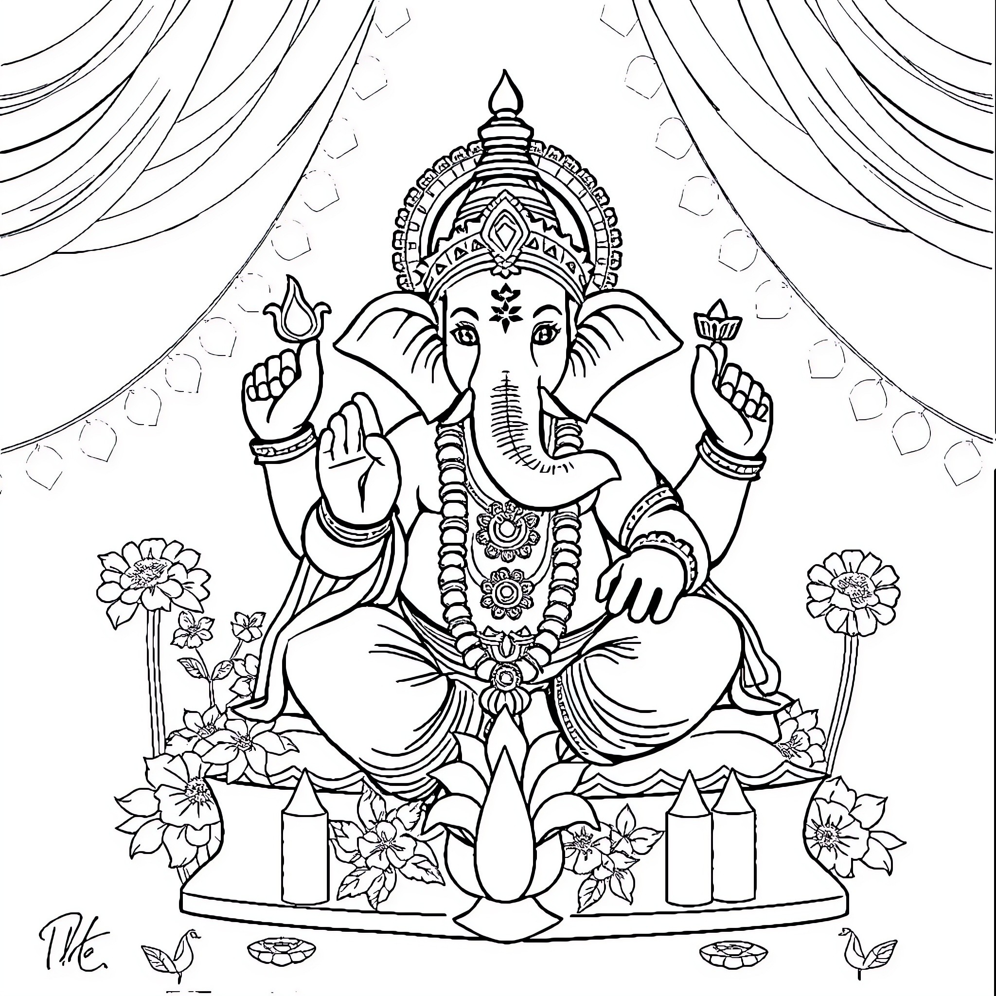 Ganpati seated with flowers and ornaments Coloring Page (free black-and-white line drawing printable PDF for all, from beginners to advanced learners, including children, teens, adults, and seniors)