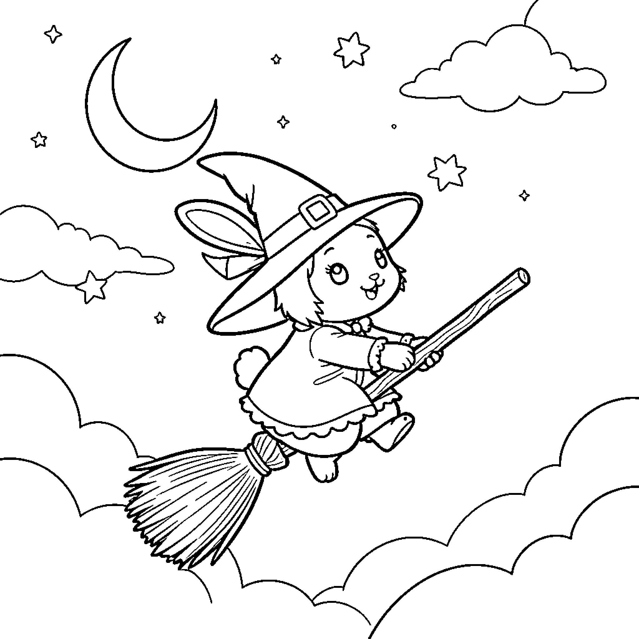 Witch Bunny flying on a broomstick through the night sky Coloring Page (free black-and-white line drawing printable PDF for all, from beginners to advanced learners, including children, teens, adults, and seniors)