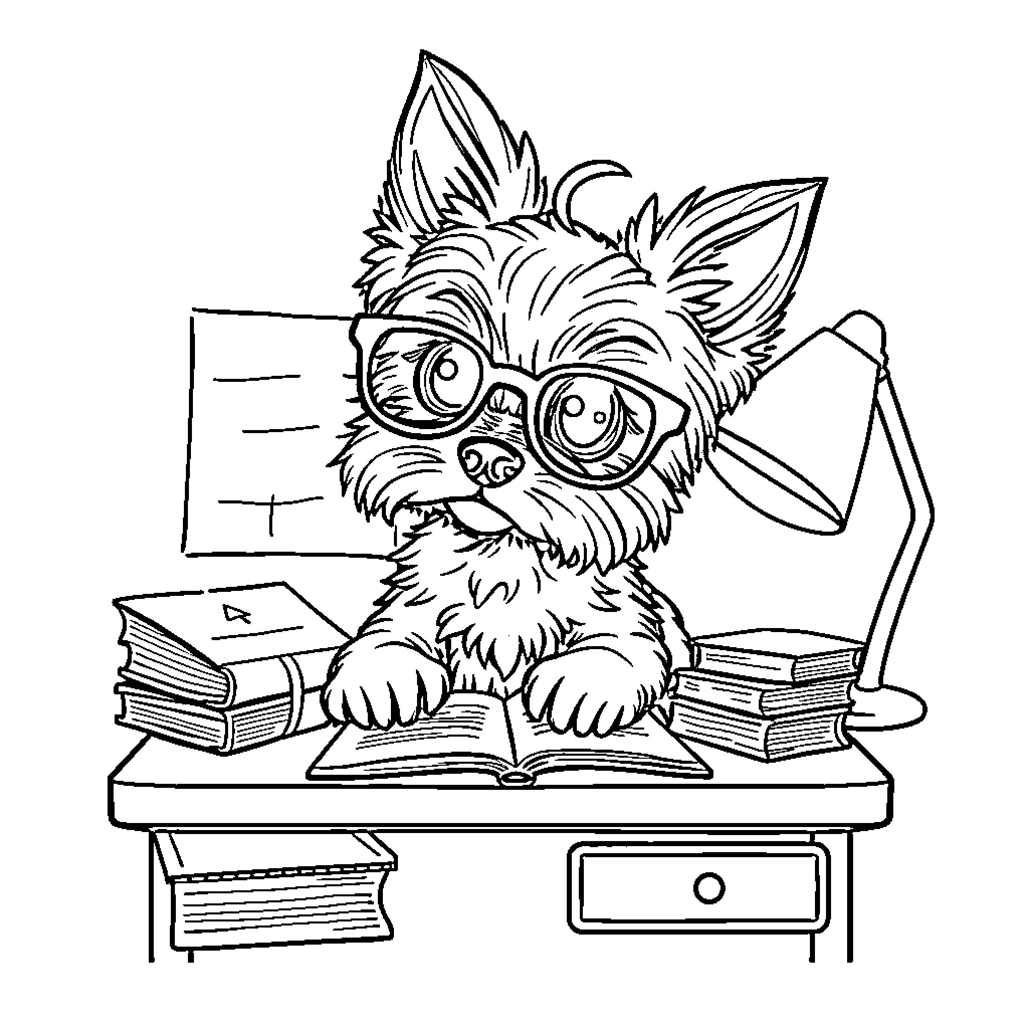 Yorkie puppy studying diligently at desk Coloring Page (free black-and-white line drawing printable PDF for all, from beginners to advanced learners, including children, teens, adults, and seniors)