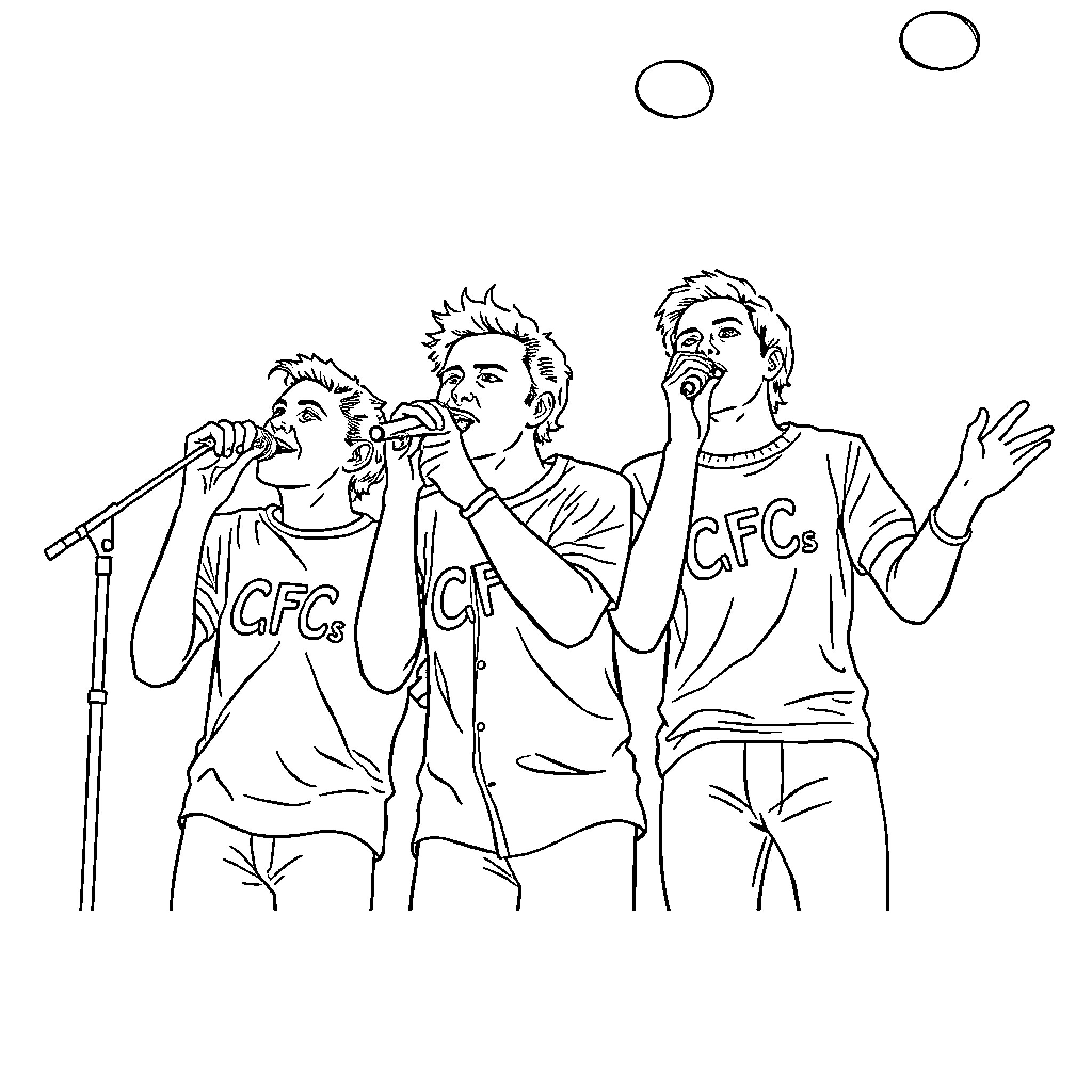 Singer trio performing on stage with microphones Coloring Page (free black-and-white line drawing printable PDF for all, from beginners to advanced learners, including children, teens, adults, and seniors)