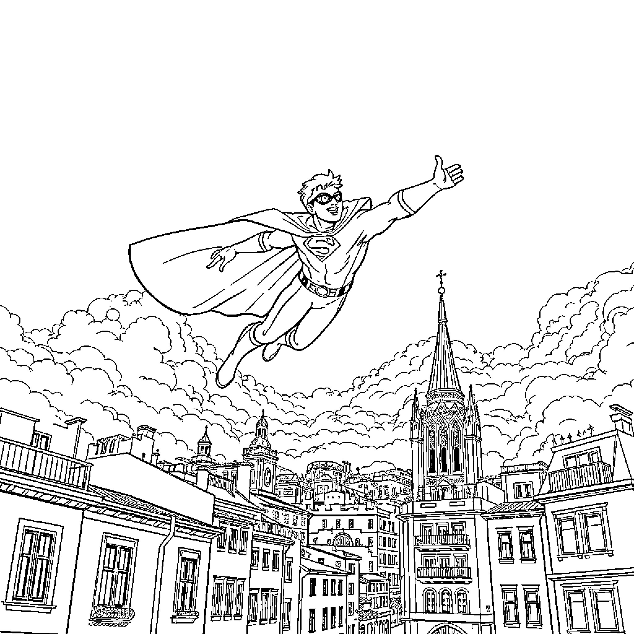 Superhero soaring over the cityscape Coloring Page (free black-and-white line drawing printable PDF for all, from beginners to advanced learners, including children, teens, adults, and seniors)