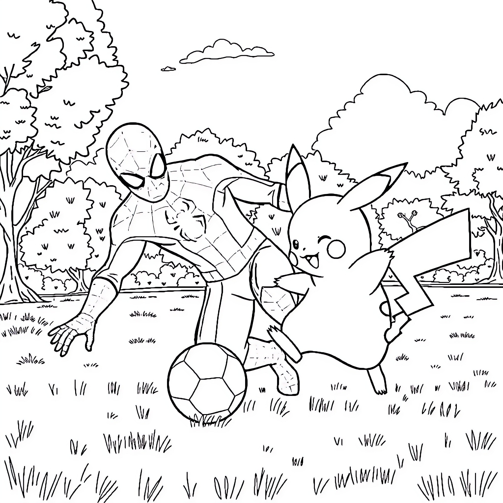 Pikachu and Spiderman playing soccer in the park Coloring Page (free black-and-white line drawing printable PDF for all, from beginners to advanced learners, including children, teens, adults, and seniors)