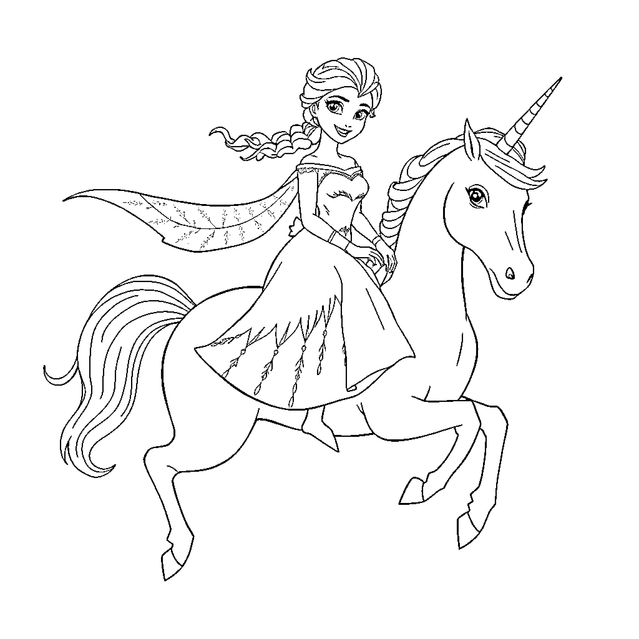 Elsa riding a magical unicorn in a whimsical scene Coloring Page (free black-and-white line drawing printable PDF for all, from beginners to advanced learners, including children, teens, adults, and seniors)