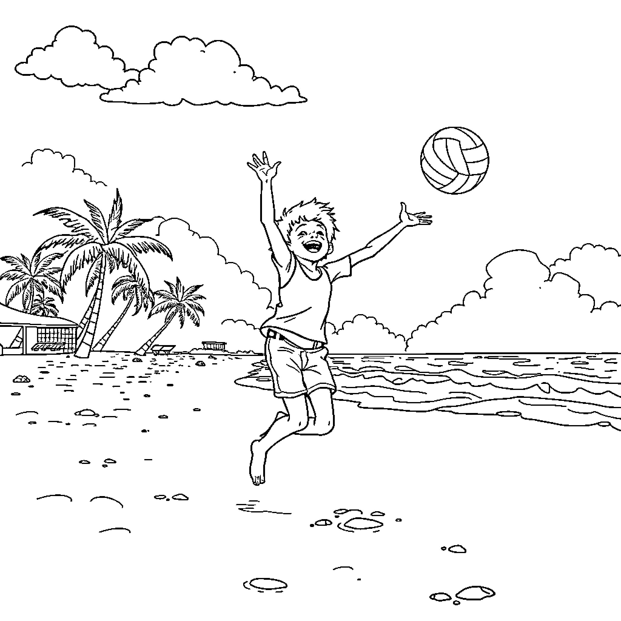 Kid playing with volleyball on the beach Coloring Page (free black-and-white line drawing printable PDF for all, from beginners to advanced learners, including children, teens, adults, and seniors)