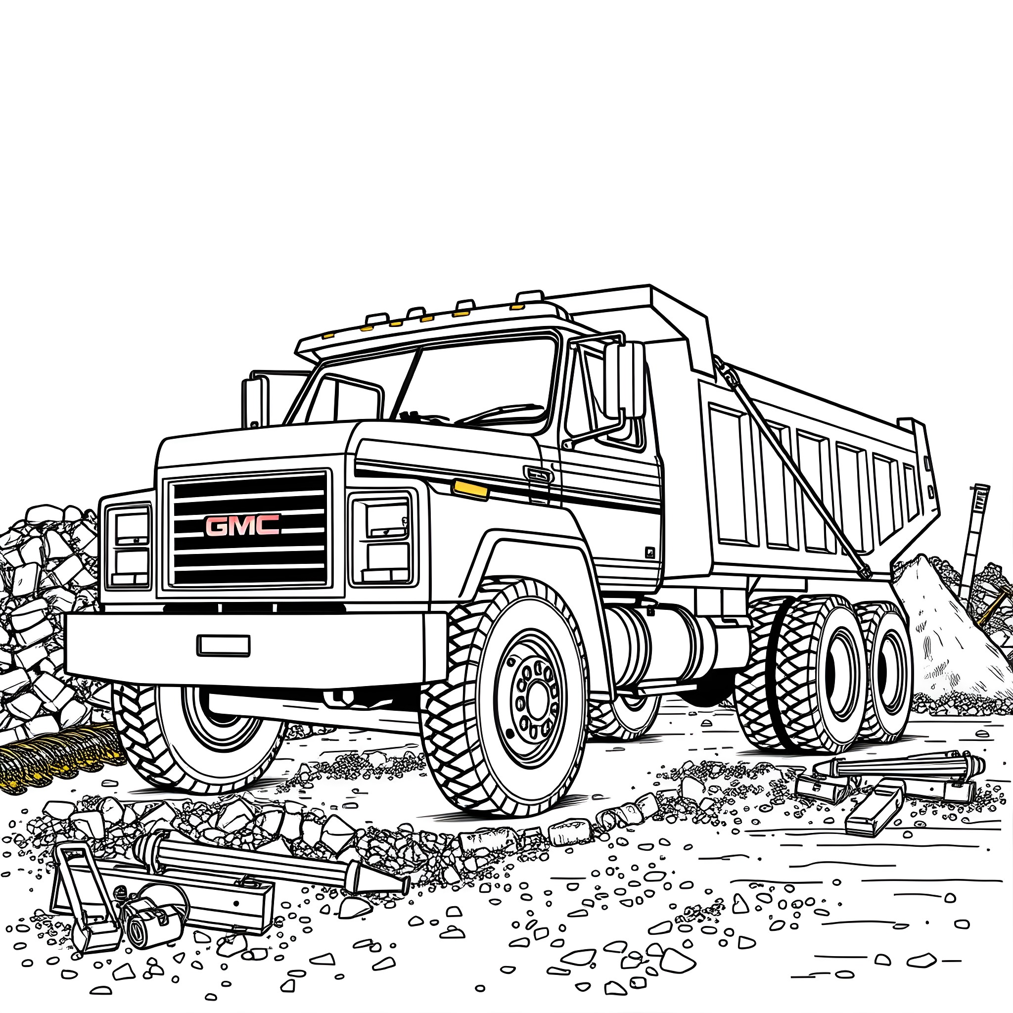 GMC construction truck hauling gravel on site Coloring Page (free black-and-white line drawing printable PDF for all, from beginners to advanced learners, including children, teens, adults, and seniors)