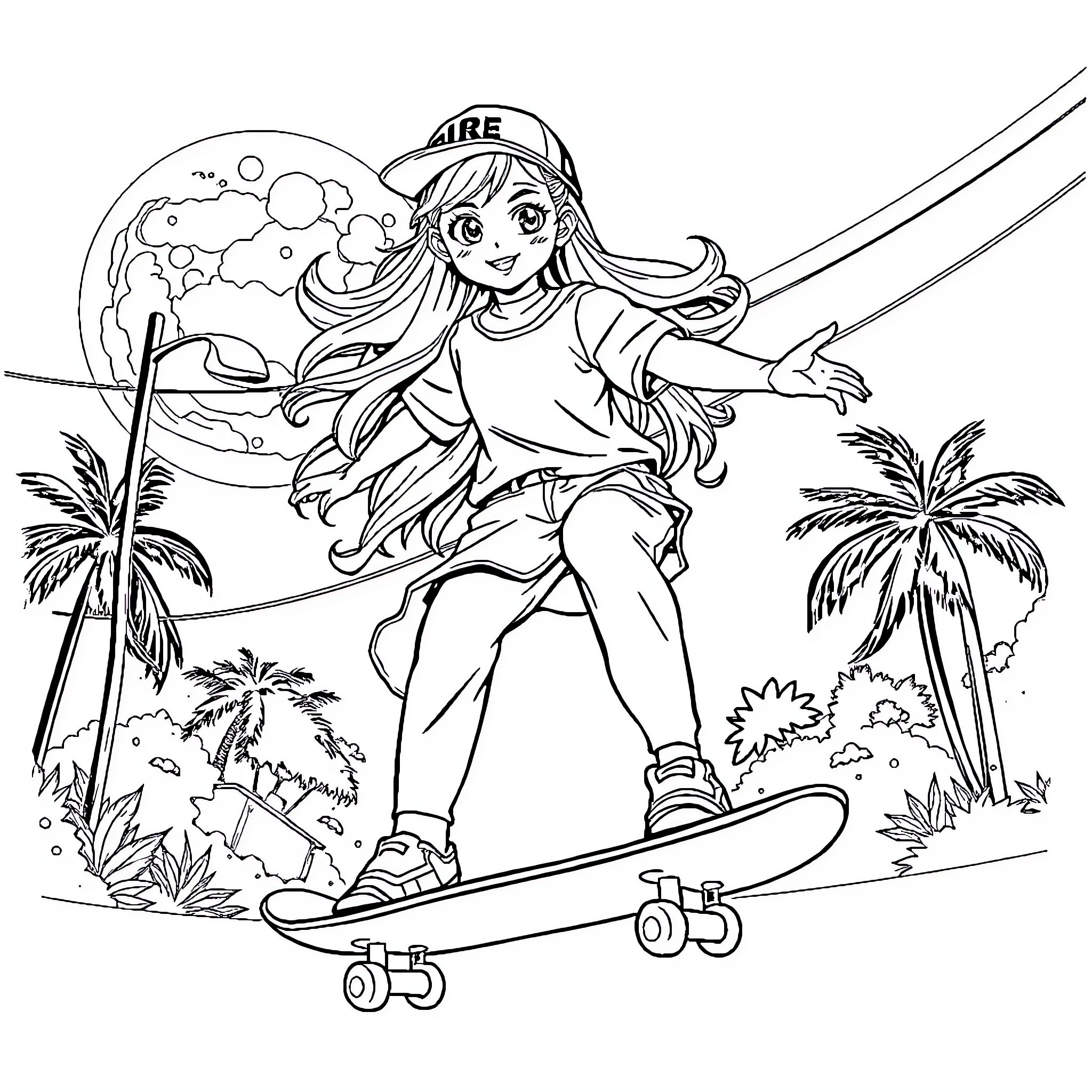 Skateboard adventure in the tropics Coloring Page (free black-and-white line drawing printable PDF for all, from beginners to advanced learners, including children, teens, adults, and seniors)