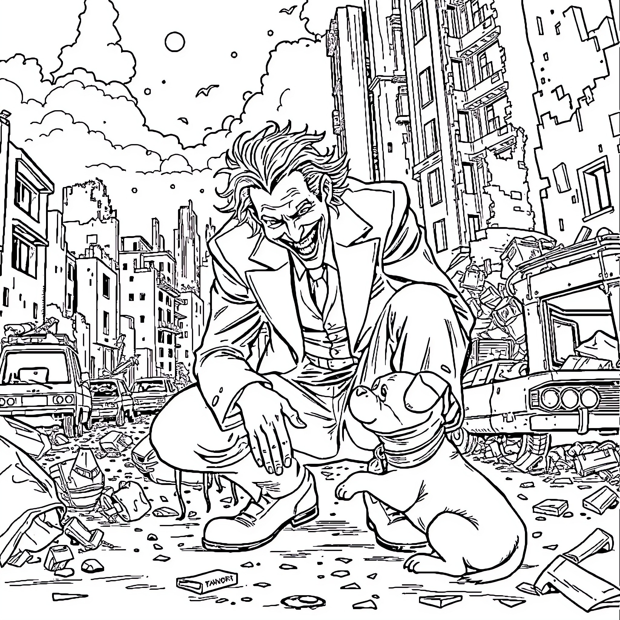 Joker's Chaotic Grin Amid Urban Destruction Coloring Page (free black-and-white line drawing printable PDF for all, from beginners to advanced learners, including children, teens, adults, and seniors)