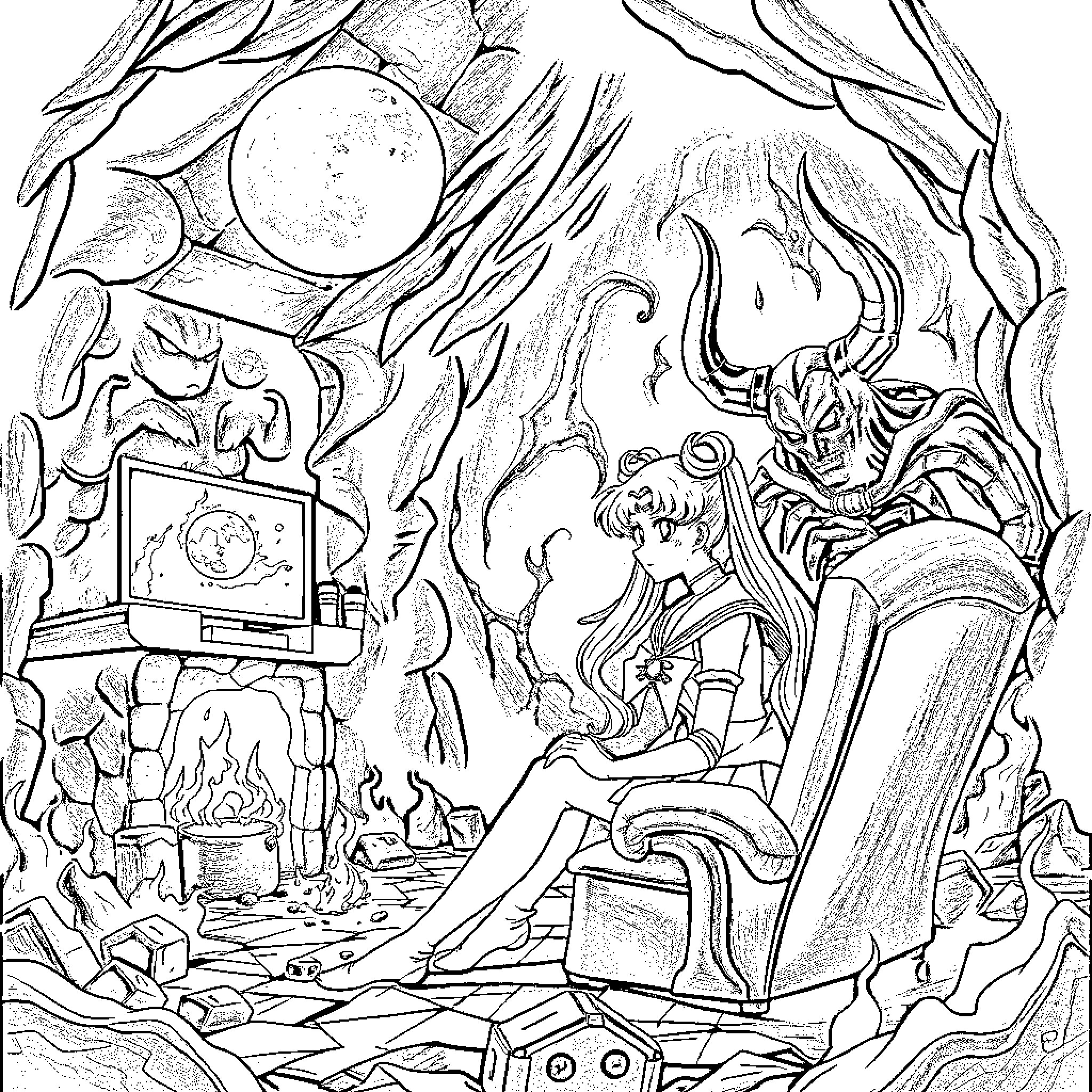 Sailor Moon in a Fantastical World of Magic and Wonder Coloring Page (free black-and-white line drawing printable PDF for all, from beginners to advanced learners, including children, teens, adults, and seniors)