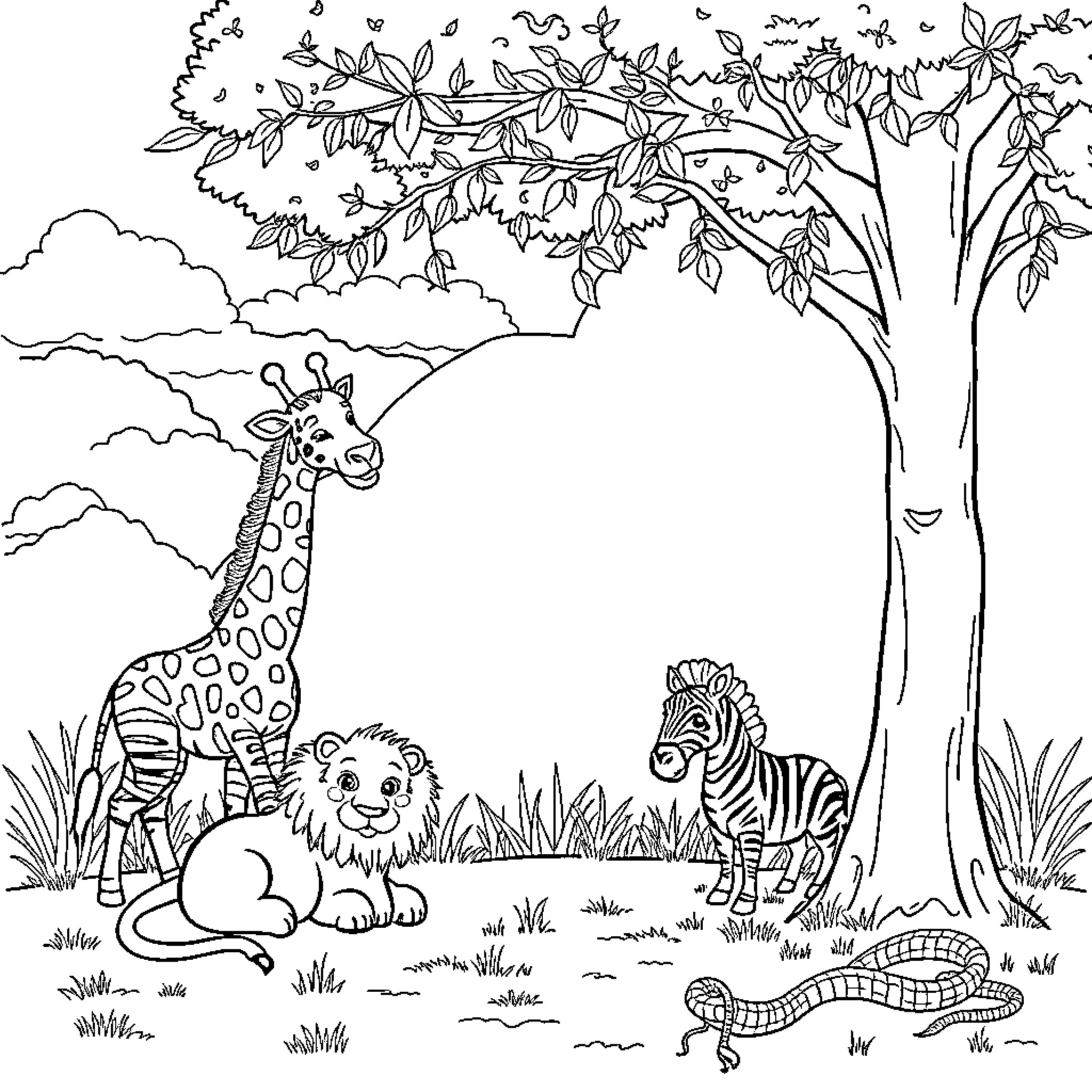 Lion among safari animals in the wild Coloring Page (free black-and-white line drawing printable PDF for all, from beginners to advanced learners, including children, teens, adults, and seniors)