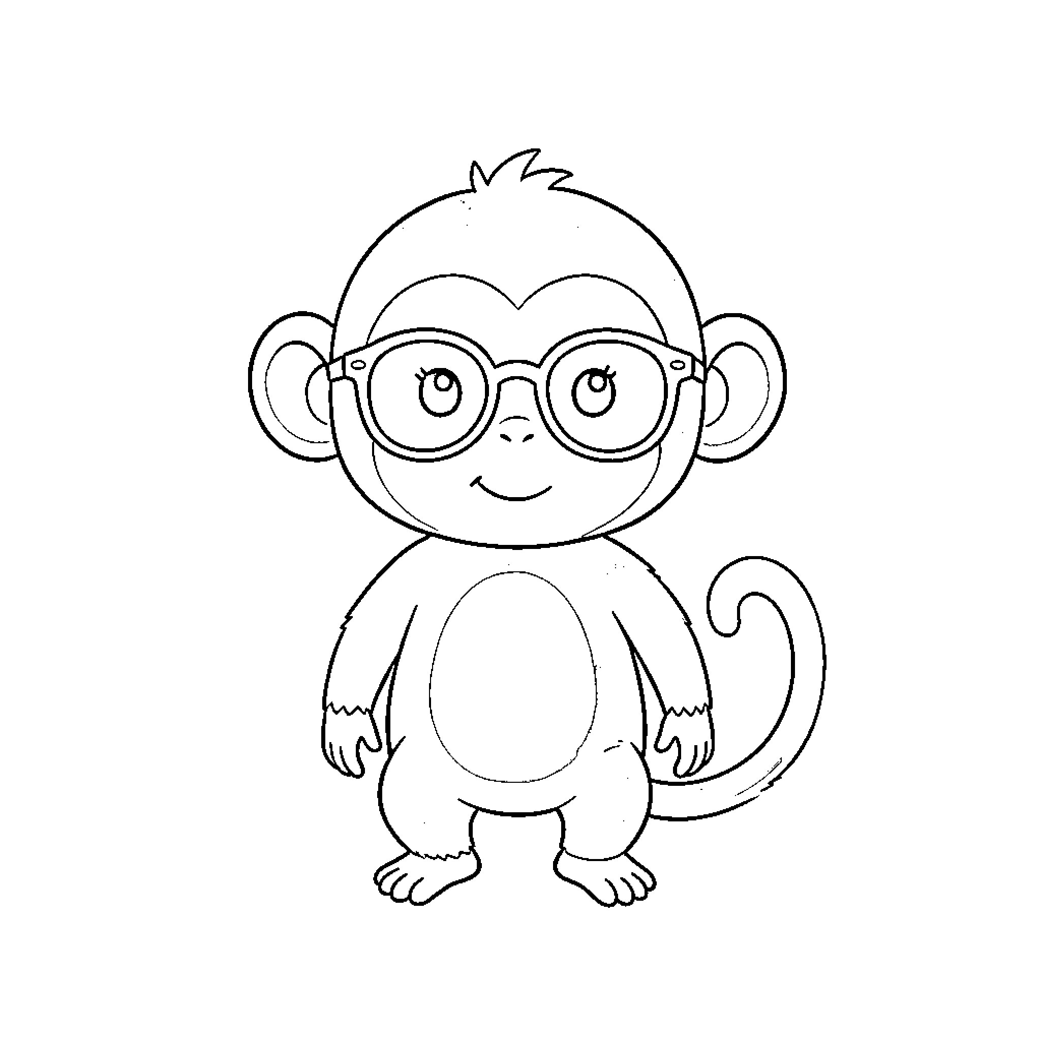 Monkey wearing cute glasses and smiling Coloring Page (free black-and-white line drawing printable PDF for all, from beginners to advanced learners, including children, teens, adults, and seniors)