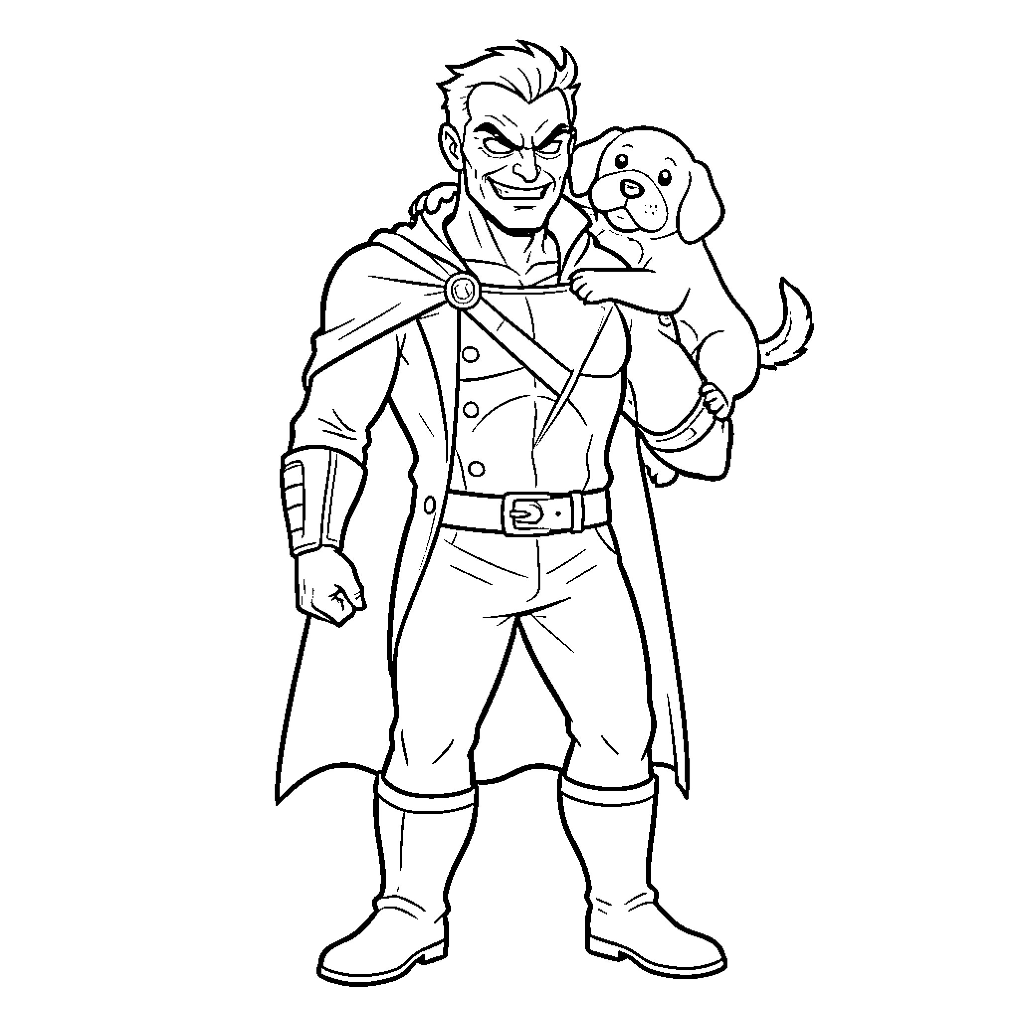 Villain with Loyal Companion Coloring Page (free black-and-white line drawing printable PDF for all, from beginners to advanced learners, including children, teens, adults, and seniors)