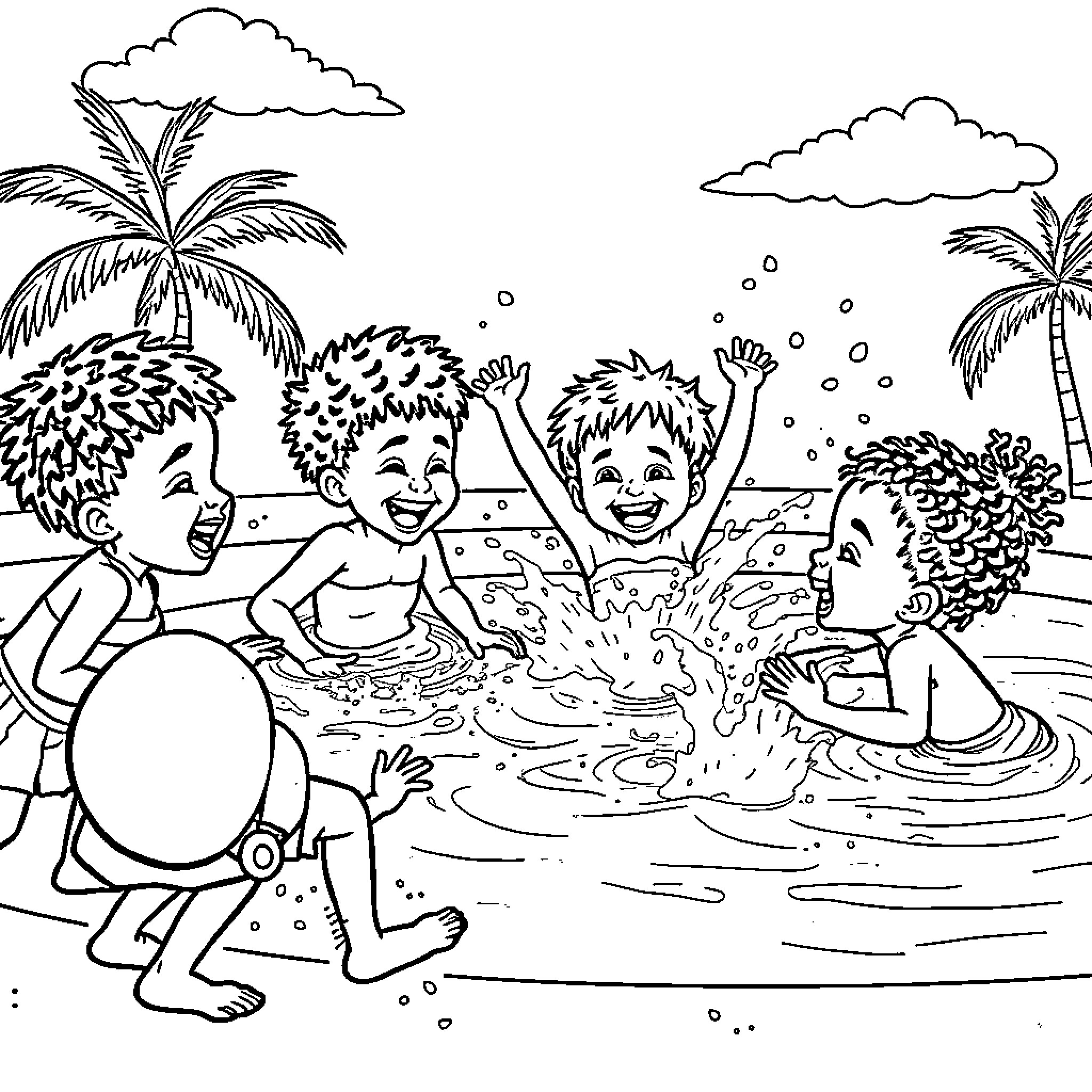 Kids playing happily in the tropical beach Coloring Page (free black-and-white line drawing printable PDF for all, from beginners to advanced learners, including children, teens, adults, and seniors)