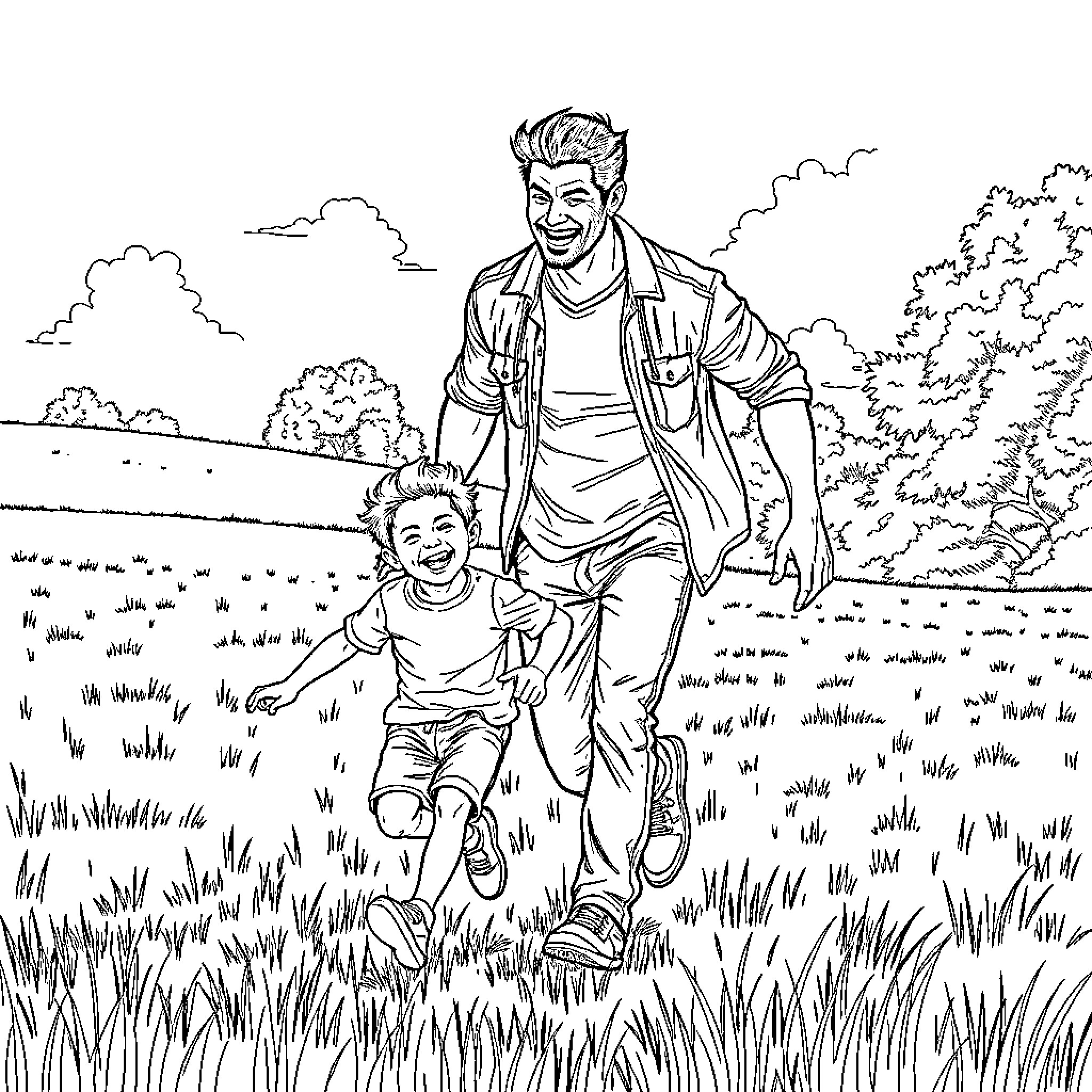 Man and child playing in grassy field Coloring Page (free black-and-white line drawing printable PDF for all, from beginners to advanced learners, including children, teens, adults, and seniors)