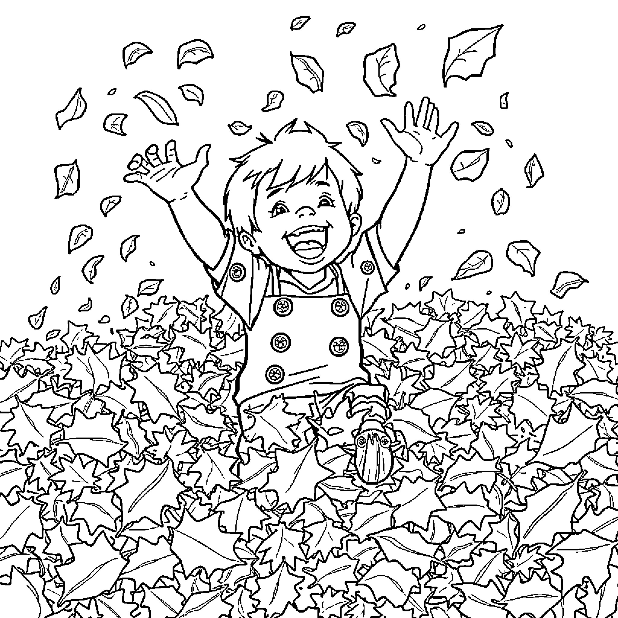 Alfie Atkins playing joyfully in autumn leaves Coloring Page (free black-and-white line drawing printable PDF for all, from beginners to advanced learners, including children, teens, adults, and seniors)