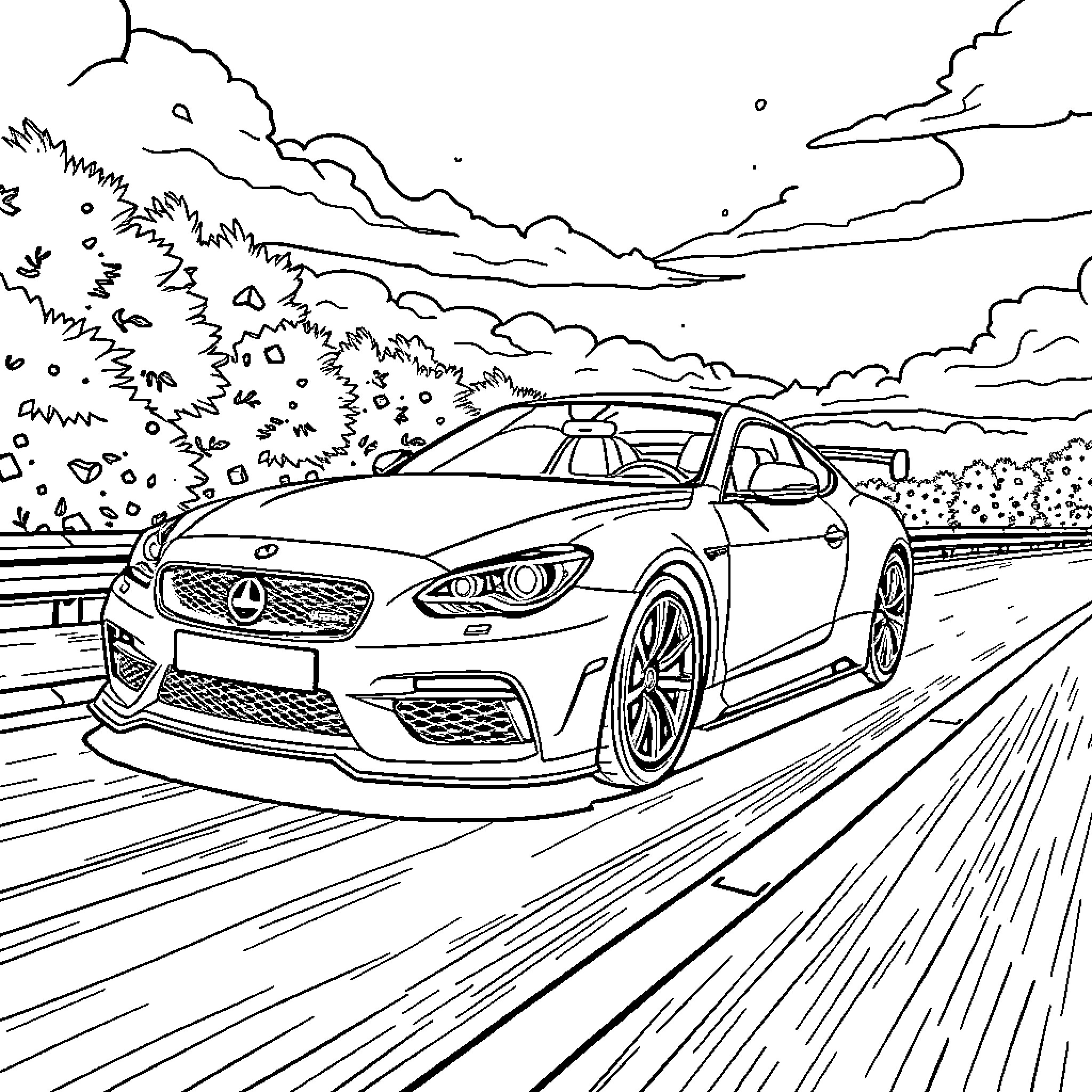Car speeding down the road through a scenic landscape Coloring Page (free black-and-white line drawing printable PDF for all, from beginners to advanced learners, including children, teens, adults, and seniors)