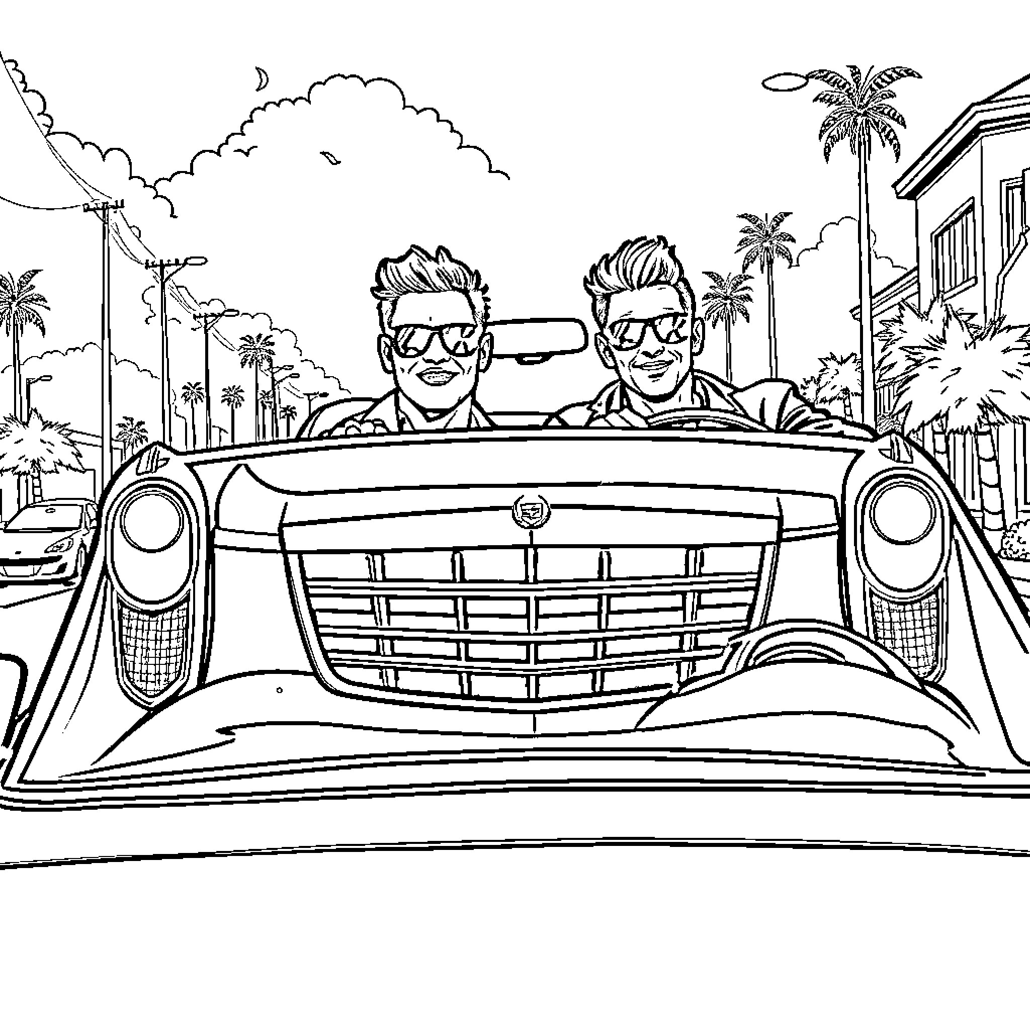 Guy driving convertible on tropical street Coloring Page (free black-and-white line drawing printable PDF for all, from beginners to advanced learners, including children, teens, adults, and seniors)