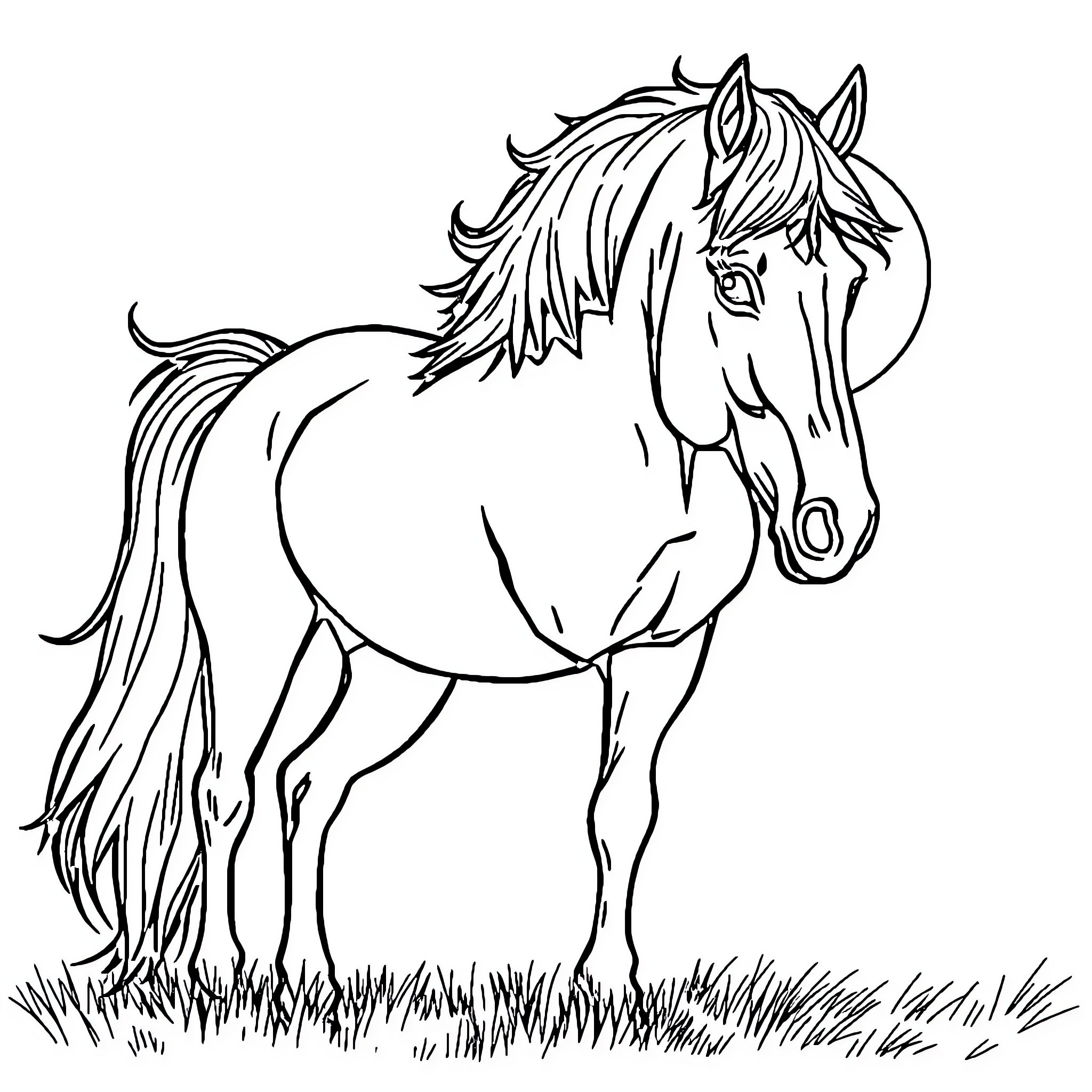 Ros Beiaard horse standing in the field Coloring Page (free black-and-white line drawing printable PDF for all, from beginners to advanced learners, including children, teens, adults, and seniors)