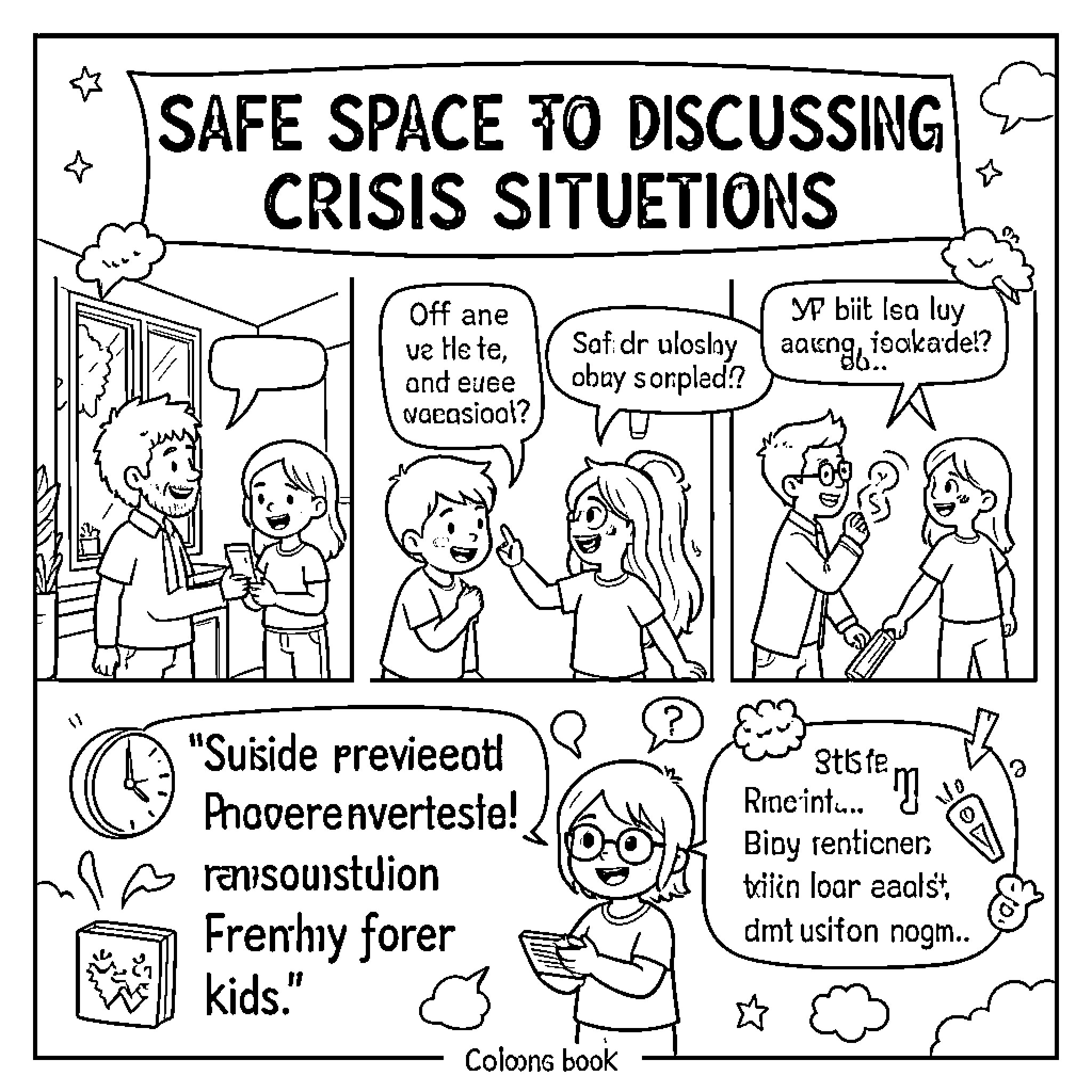 Crisis discussions within a supportive community setting Coloring Page (free black-and-white line drawing printable PDF for all, from beginners to advanced learners, including children, teens, adults, and seniors)