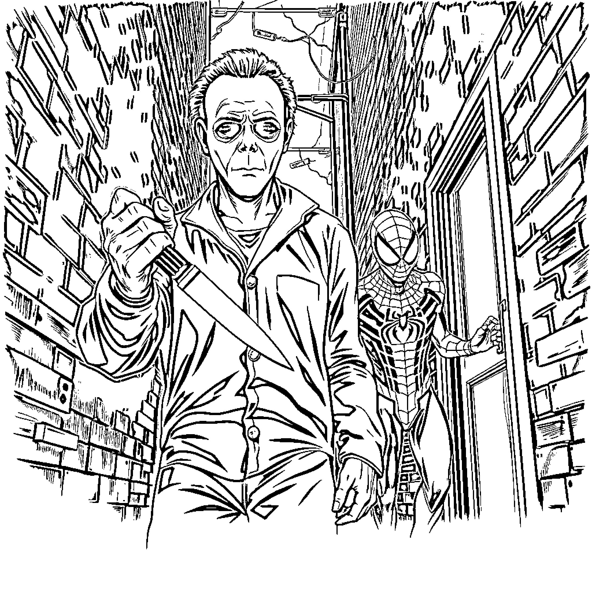 Michael Myers stalking through the dark city streets Coloring Page (free black-and-white line drawing printable PDF for all, from beginners to advanced learners, including children, teens, adults, and seniors)