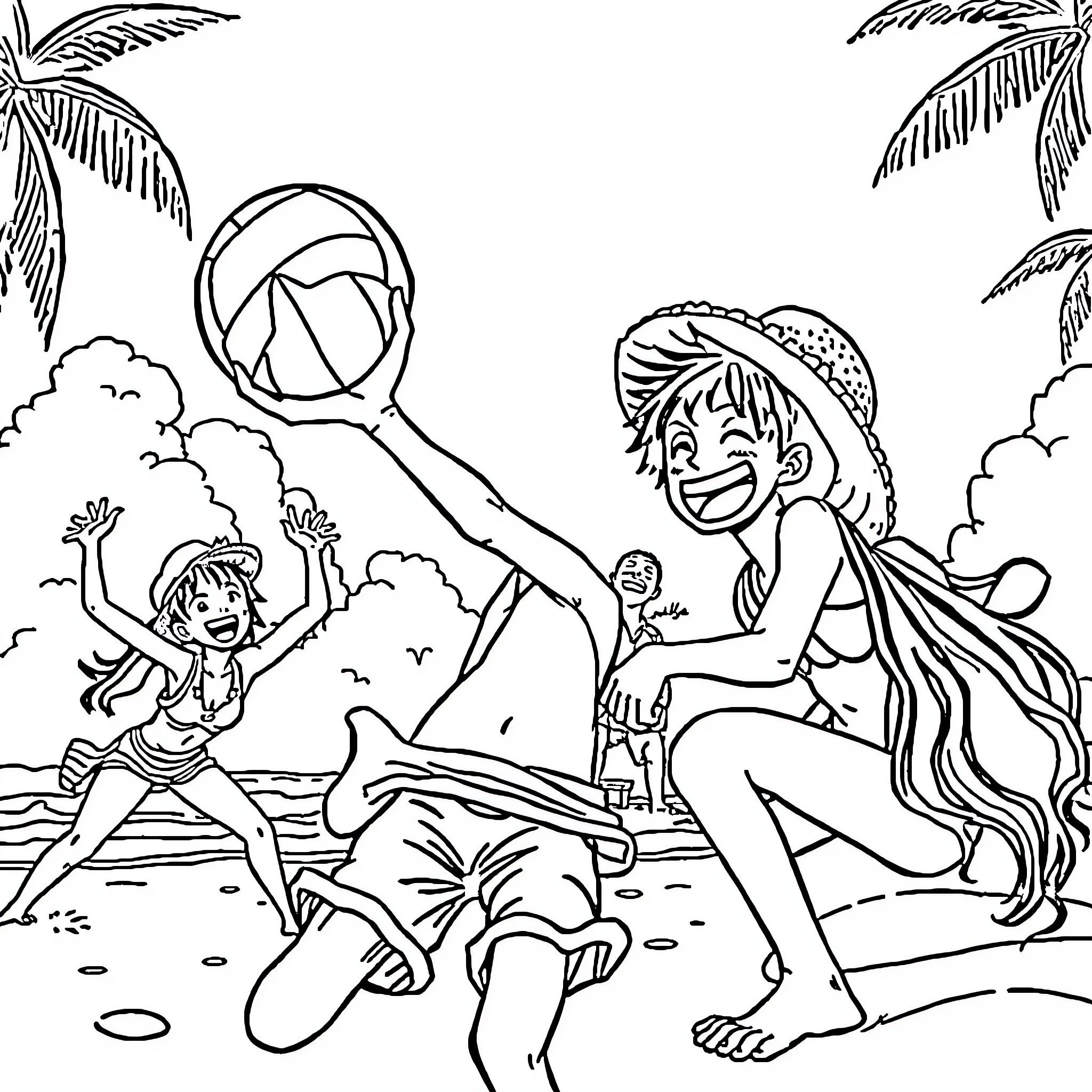 Luffy and Nami enjoy a beach adventure together Coloring Page (free black-and-white line drawing printable PDF for all, from beginners to advanced learners, including children, teens, adults, and seniors)