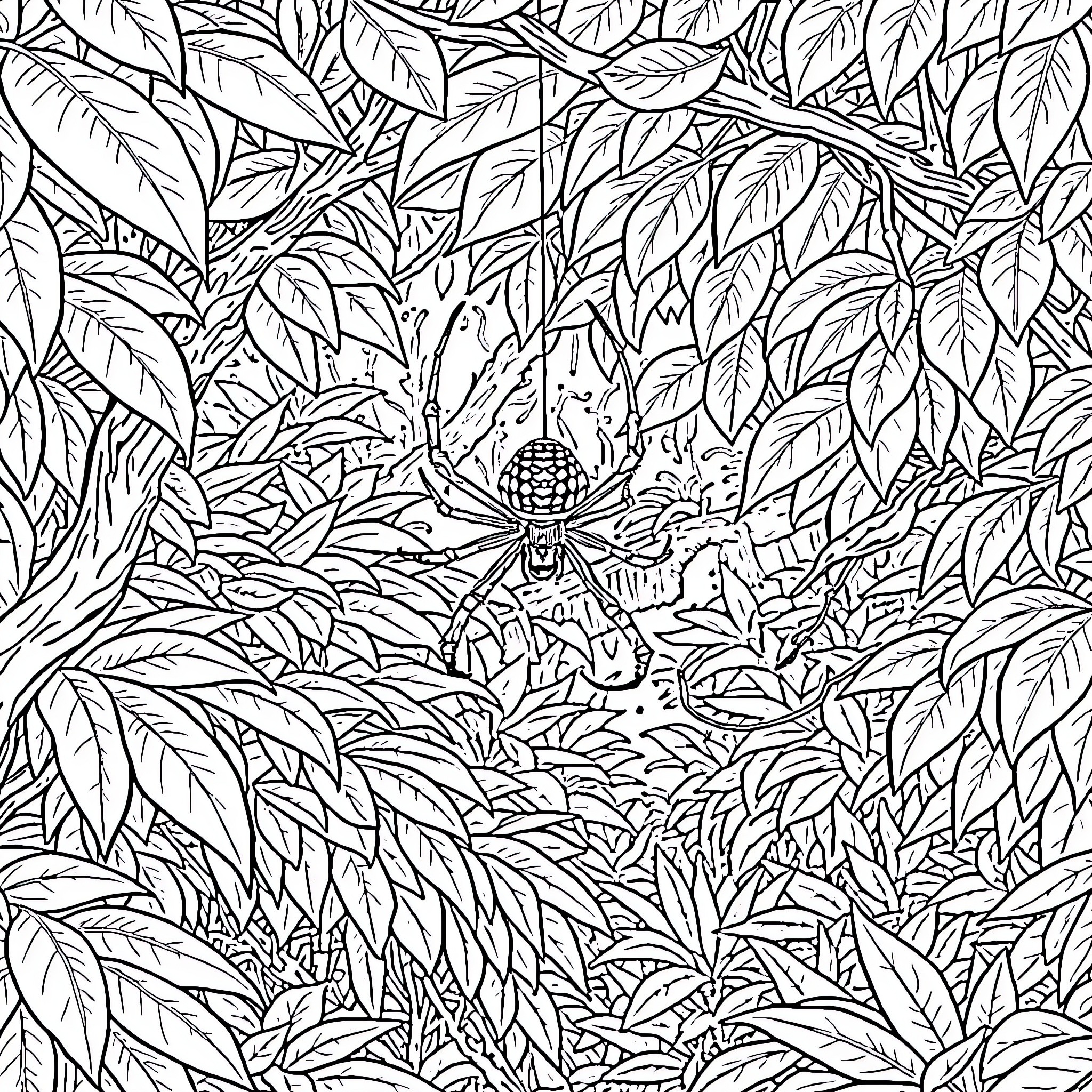 Spider hiding in the lush foliage Coloring Page (free black-and-white line drawing printable PDF for all, from beginners to advanced learners, including children, teens, adults, and seniors)