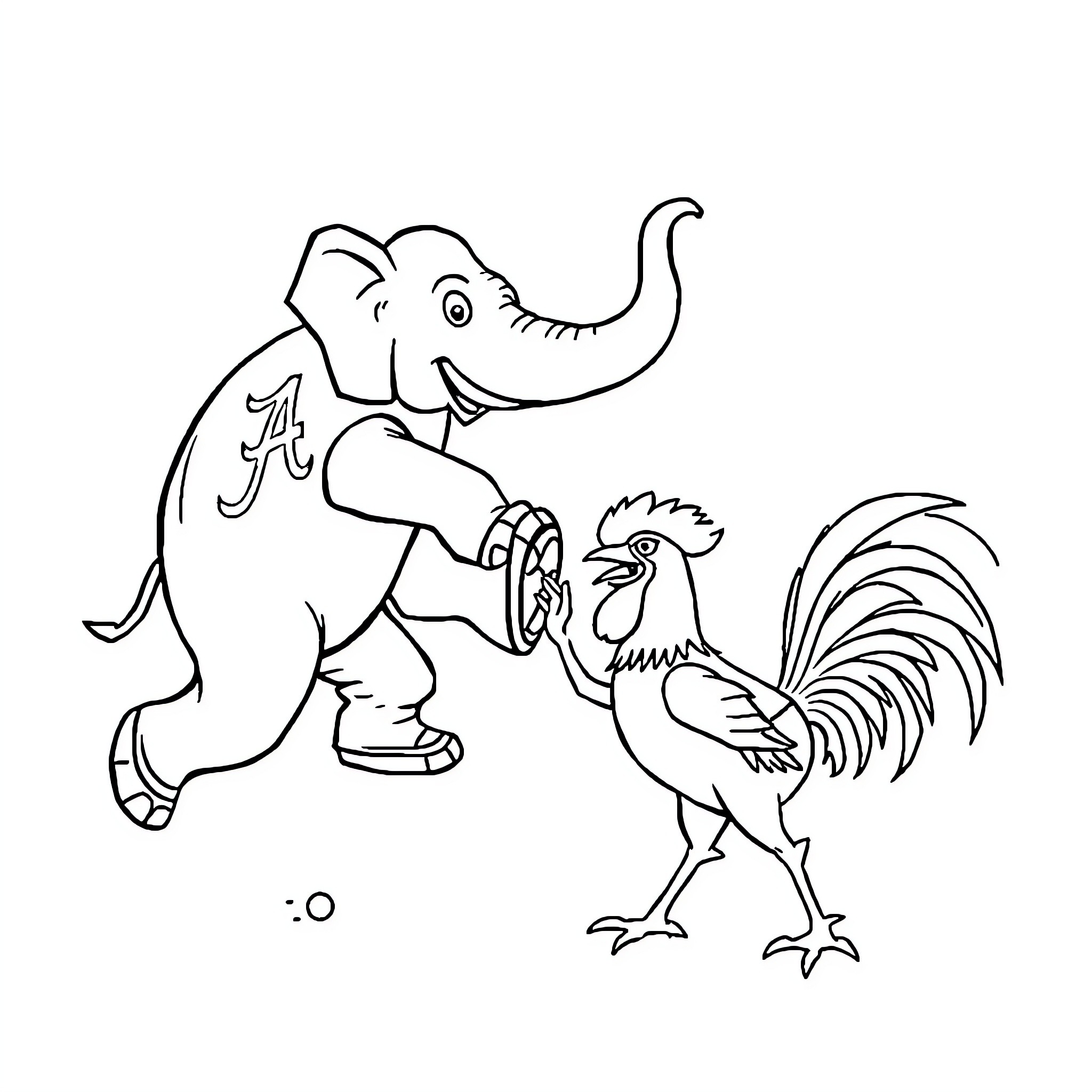 Mascot elephant and rooster interacting Coloring Page (free black-and-white line drawing printable PDF for all, from beginners to advanced learners, including children, teens, adults, and seniors)