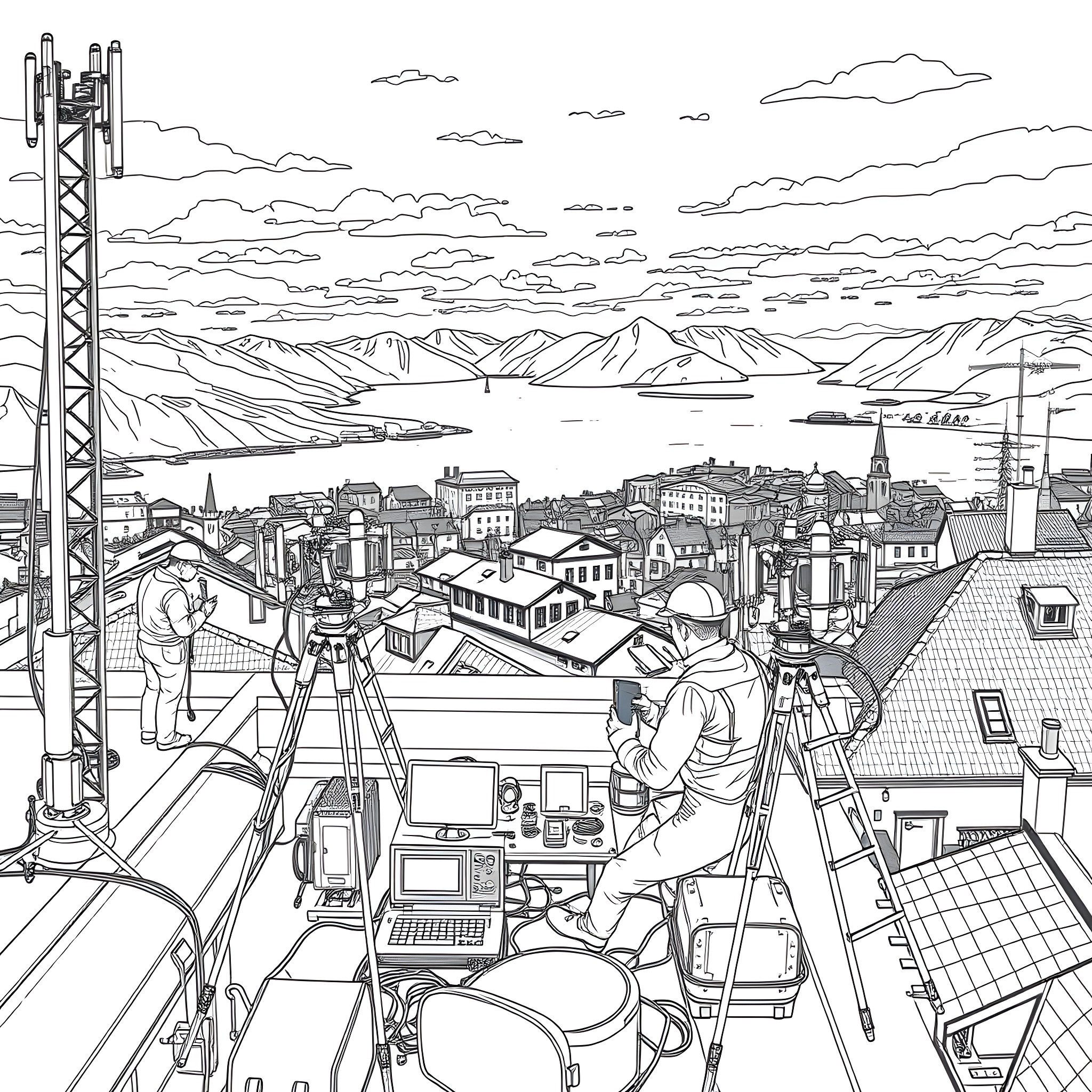 Telecom technicians working on cell tower in cityscape Coloring Page (free black-and-white line drawing printable PDF for all, from beginners to advanced learners, including children, teens, adults, and seniors)