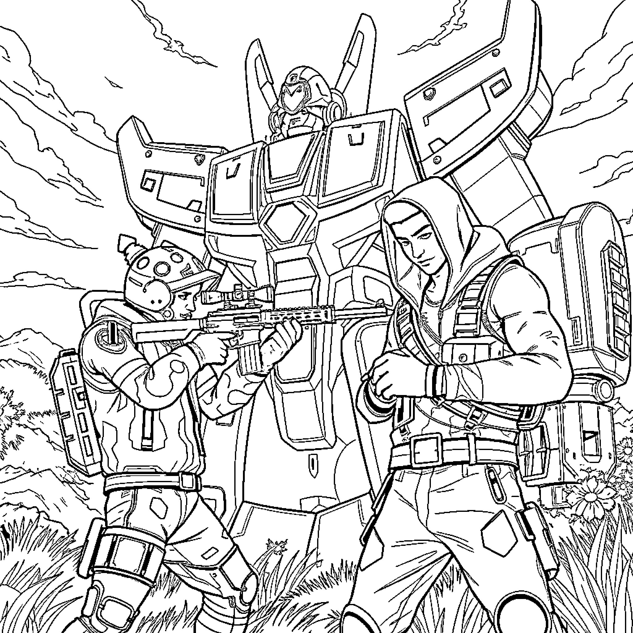 Fortnite Characters in an Epic Battle Scene Coloring Page (free black-and-white line drawing printable PDF for all, from beginners to advanced learners, including children, teens, adults, and seniors)
