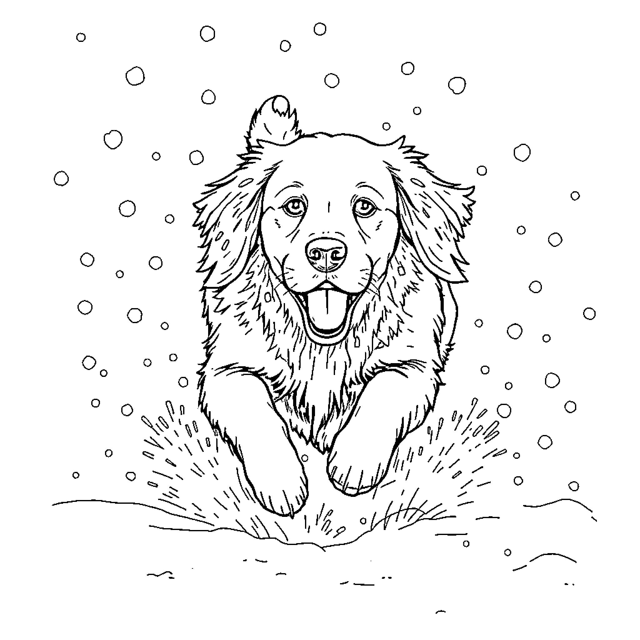 Golden Retriever playing happily in the snow Coloring Page (free black-and-white line drawing printable PDF for all, from beginners to advanced learners, including children, teens, adults, and seniors)