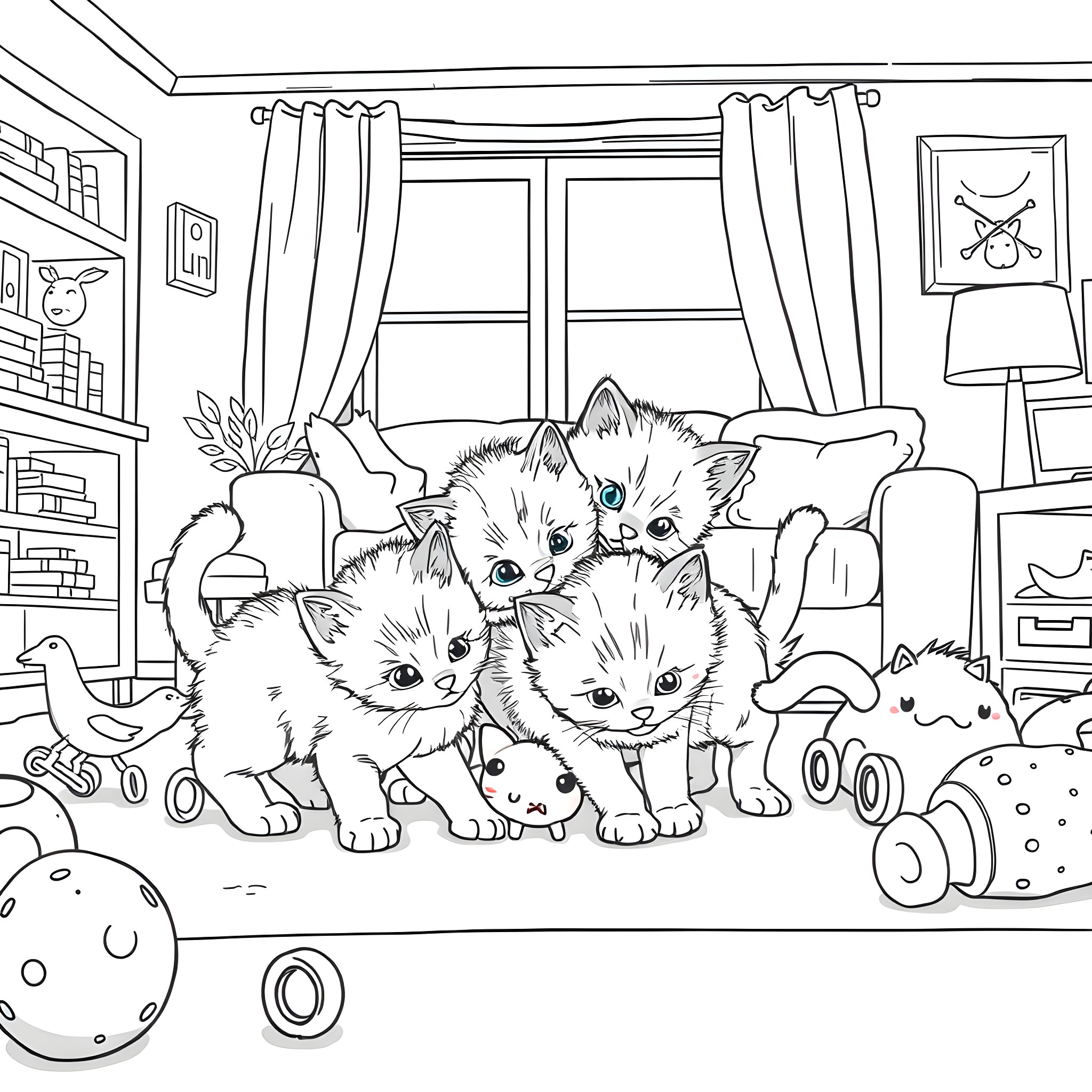 Kittens playing in a cozy home Coloring Page (free black-and-white line drawing printable PDF for all, from beginners to advanced learners, including children, teens, adults, and seniors)