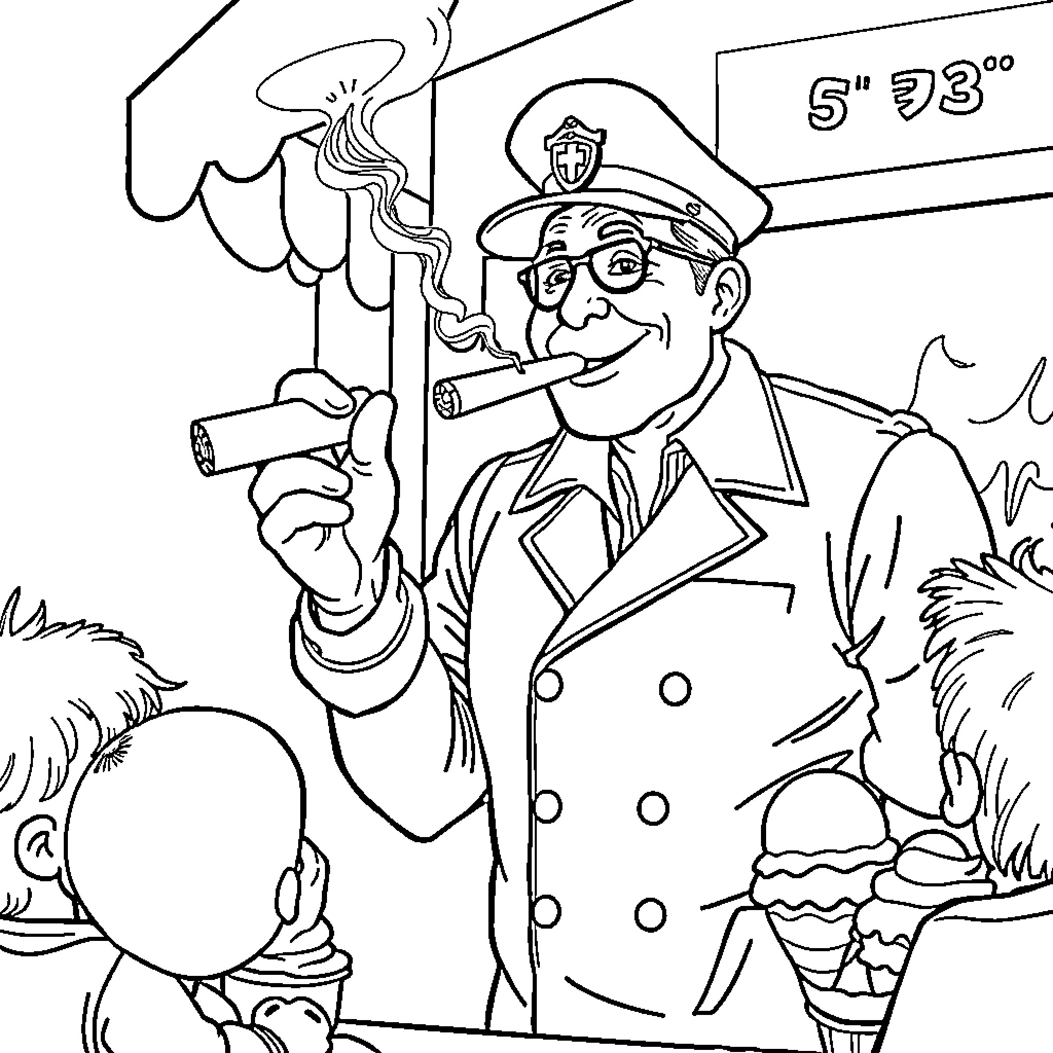 Ice Cream Man Selling Treats in His Signature Uniform Coloring Page (free black-and-white line drawing printable PDF for all, from beginners to advanced learners, including children, teens, adults, and seniors)