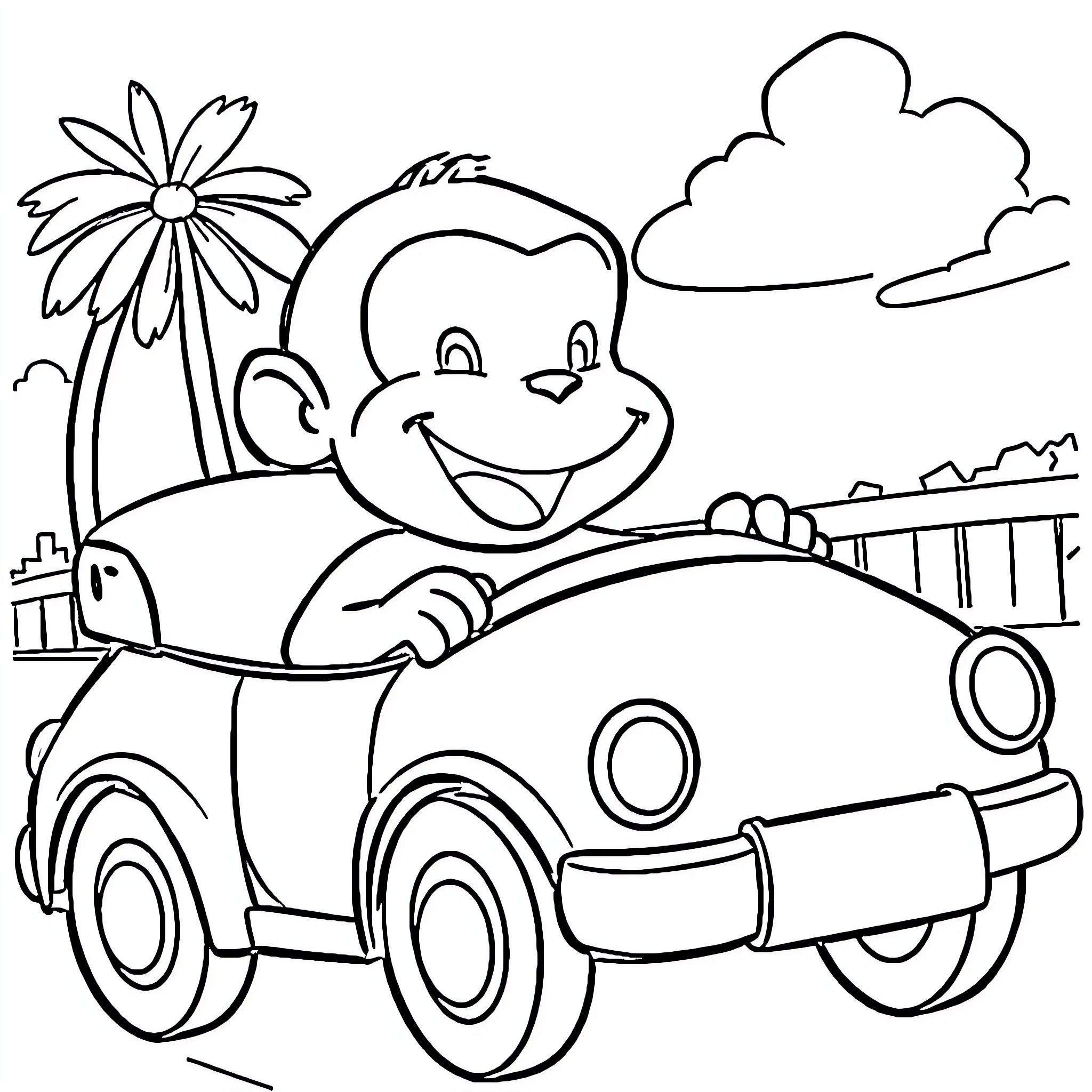 Curious George driving a car on a sunny day Coloring Page (free black-and-white line drawing printable PDF for all, from beginners to advanced learners, including children, teens, adults, and seniors)