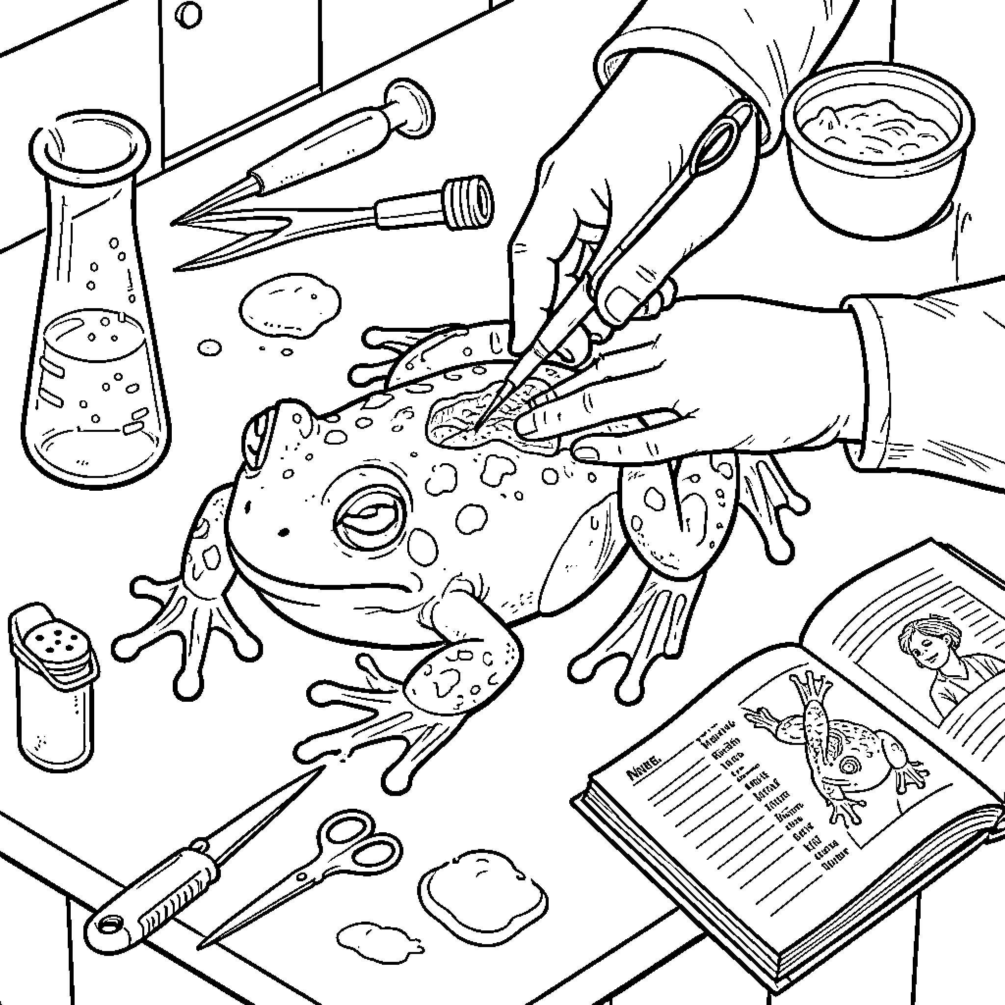 Frog under scientific examination in the lab Coloring Page (free black-and-white line drawing printable PDF for all, from beginners to advanced learners, including children, teens, adults, and seniors)