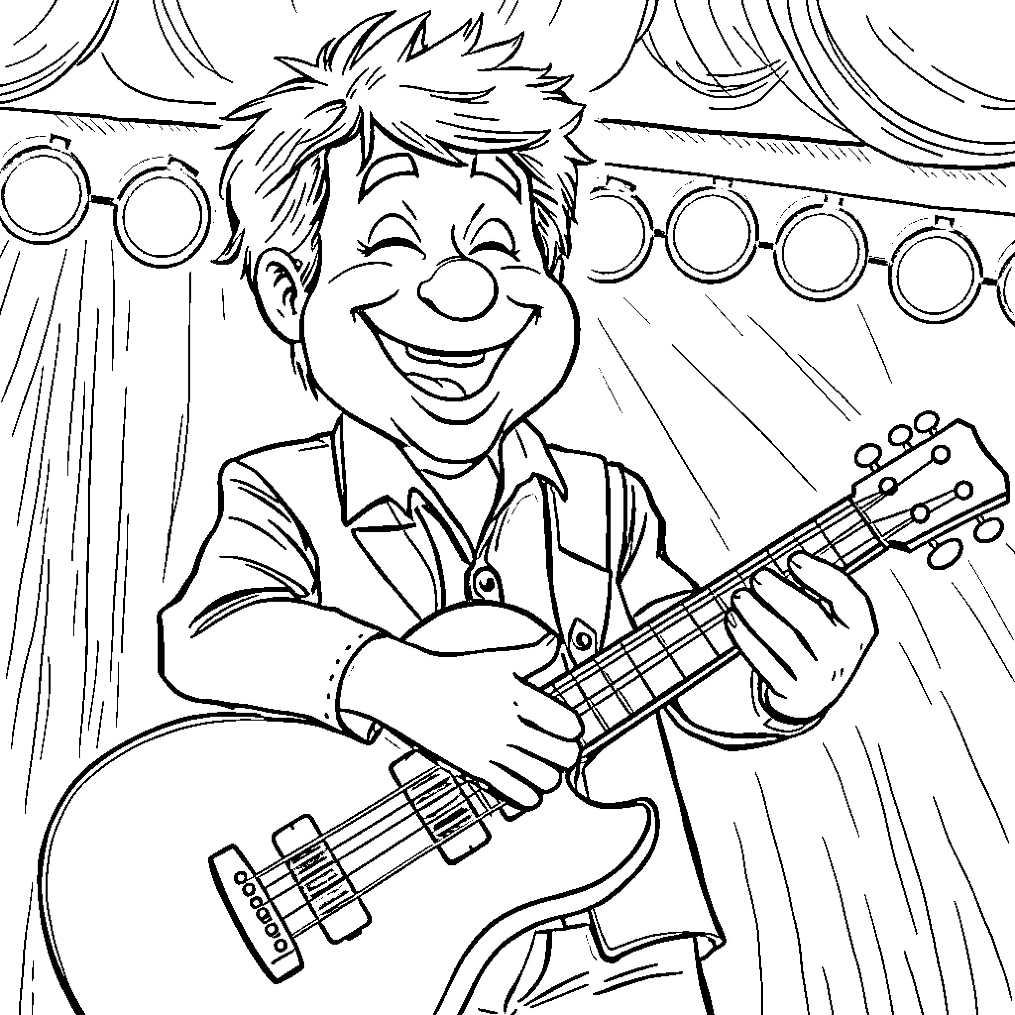 Tom Cardy joyfully playing guitar on stage Coloring Page (free black-and-white line drawing printable PDF for all, from beginners to advanced learners, including children, teens, adults, and seniors)