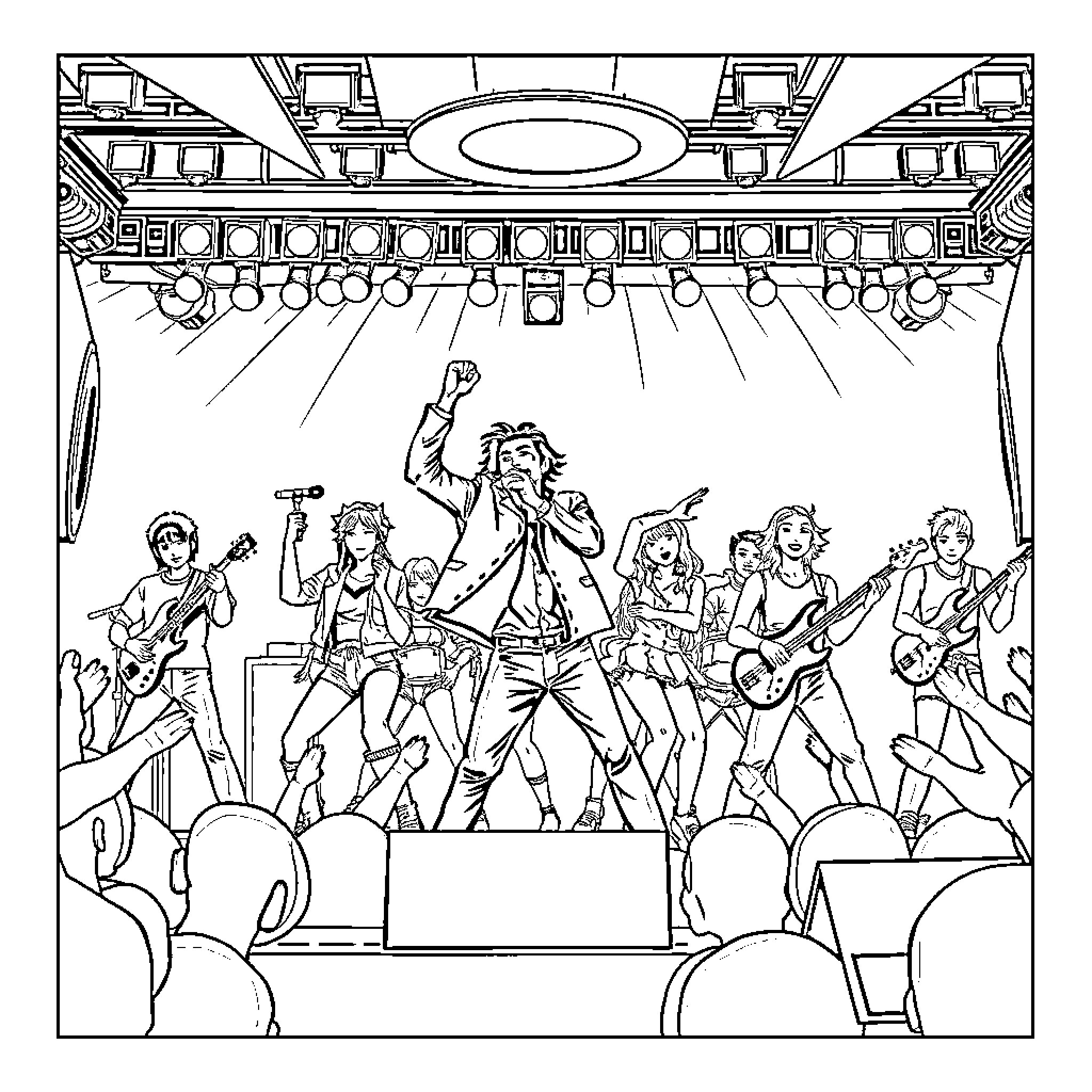 K Pop Musicians Performing on Stage Coloring Page (free black-and-white line drawing printable PDF for all, from beginners to advanced learners, including children, teens, adults, and seniors)