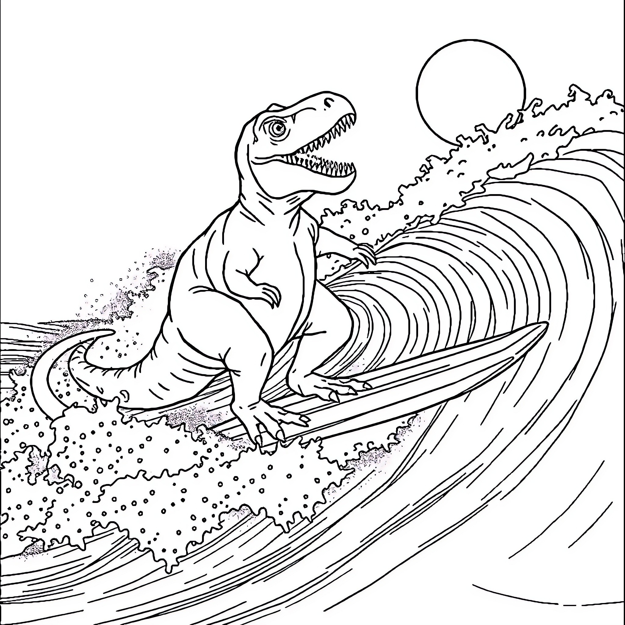 T-Rex Surfing Huge Waves Coloring Page (free black-and-white line drawing printable PDF for all, from beginners to advanced learners, including children, teens, adults, and seniors)