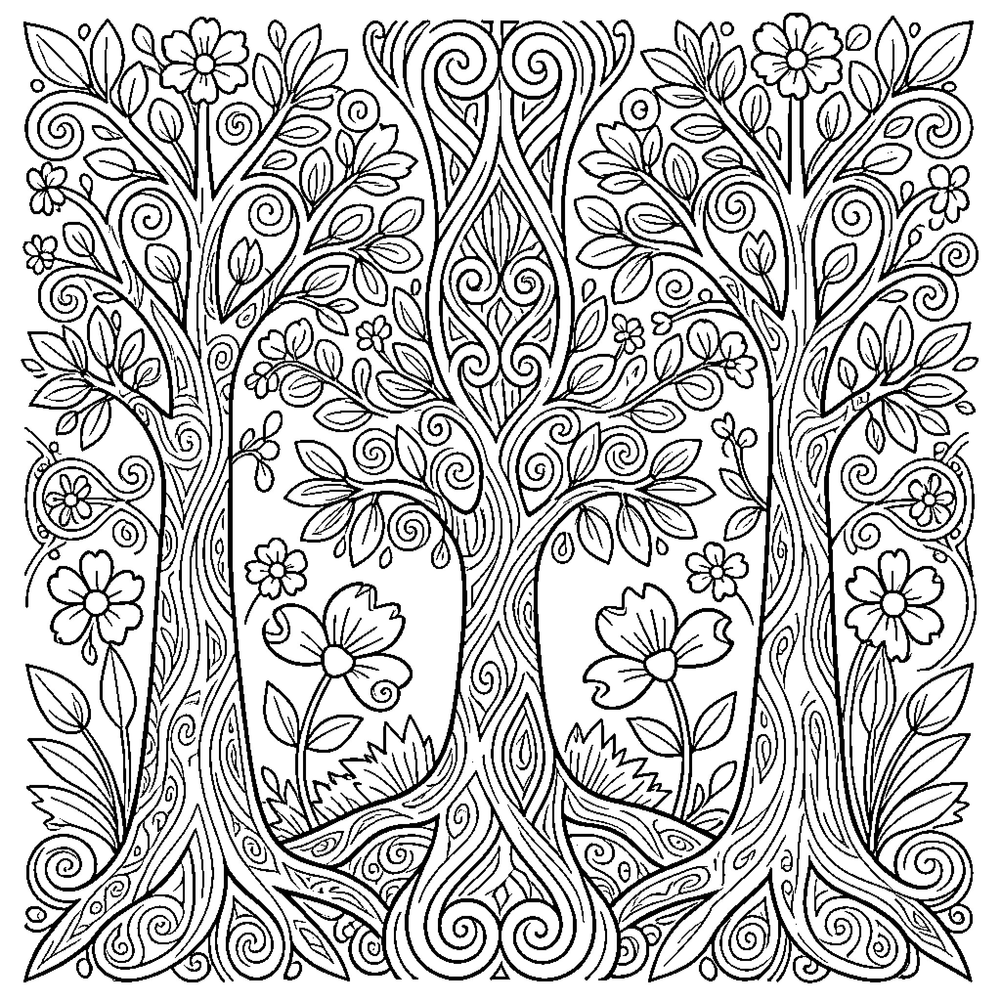 Tree with swirling branches and blooming flowers Coloring Page (free black-and-white line drawing printable PDF for all, from beginners to advanced learners, including children, teens, adults, and seniors)