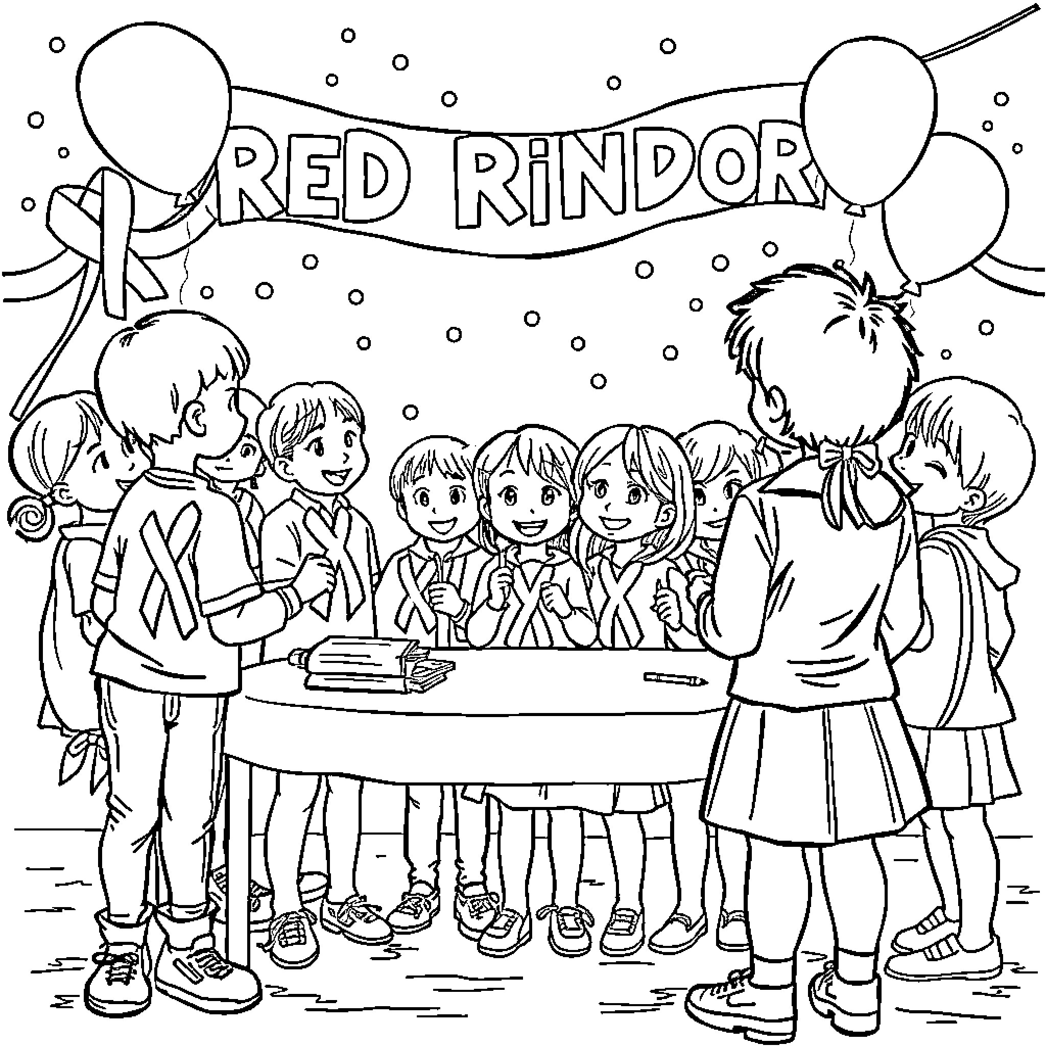 Ribbon party celebration with children Coloring Page (free black-and-white line drawing printable PDF for all, from beginners to advanced learners, including children, teens, adults, and seniors)