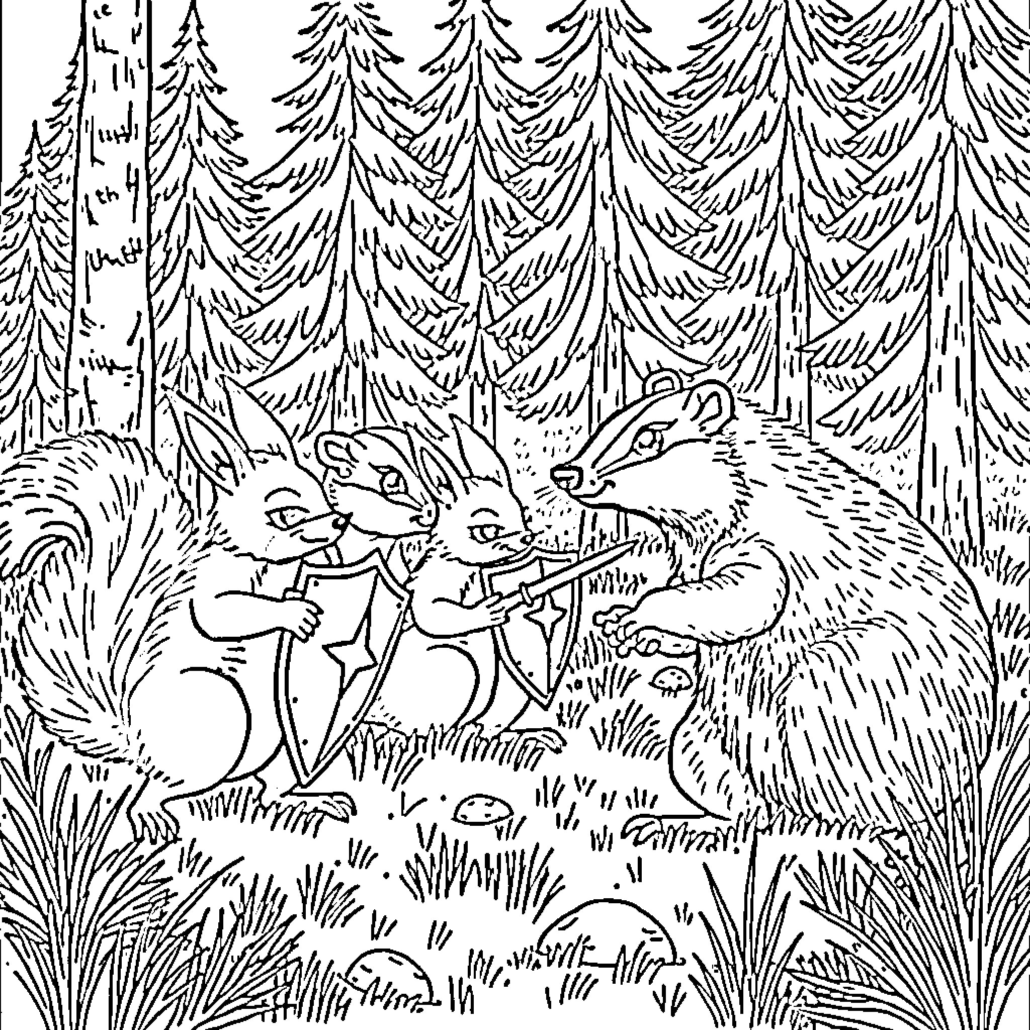Squirrels playing in the enchanting forest Coloring Page (free black-and-white line drawing printable PDF for all, from beginners to advanced learners, including children, teens, adults, and seniors)
