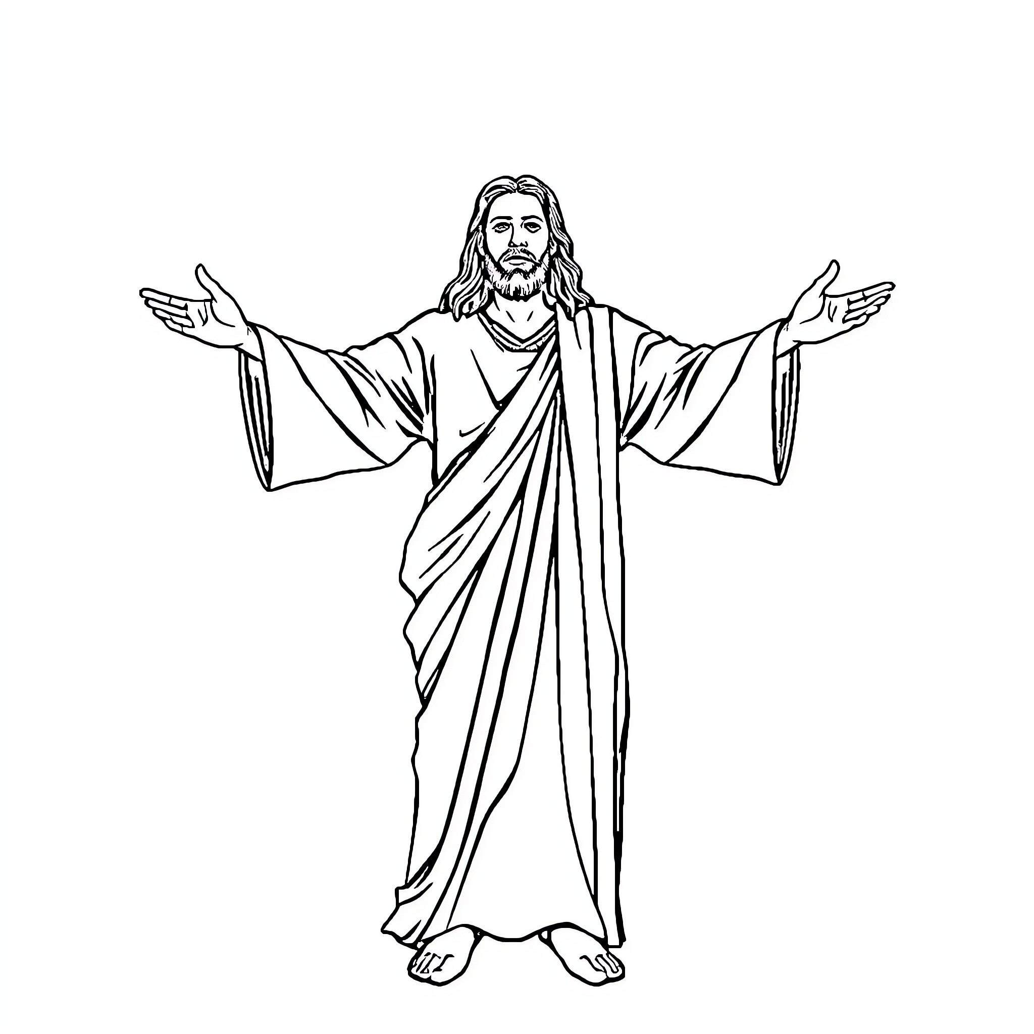 Jesus with arms outstretched in blessing Coloring Page (free black-and-white line drawing printable PDF for all, from beginners to advanced learners, including children, teens, adults, and seniors)