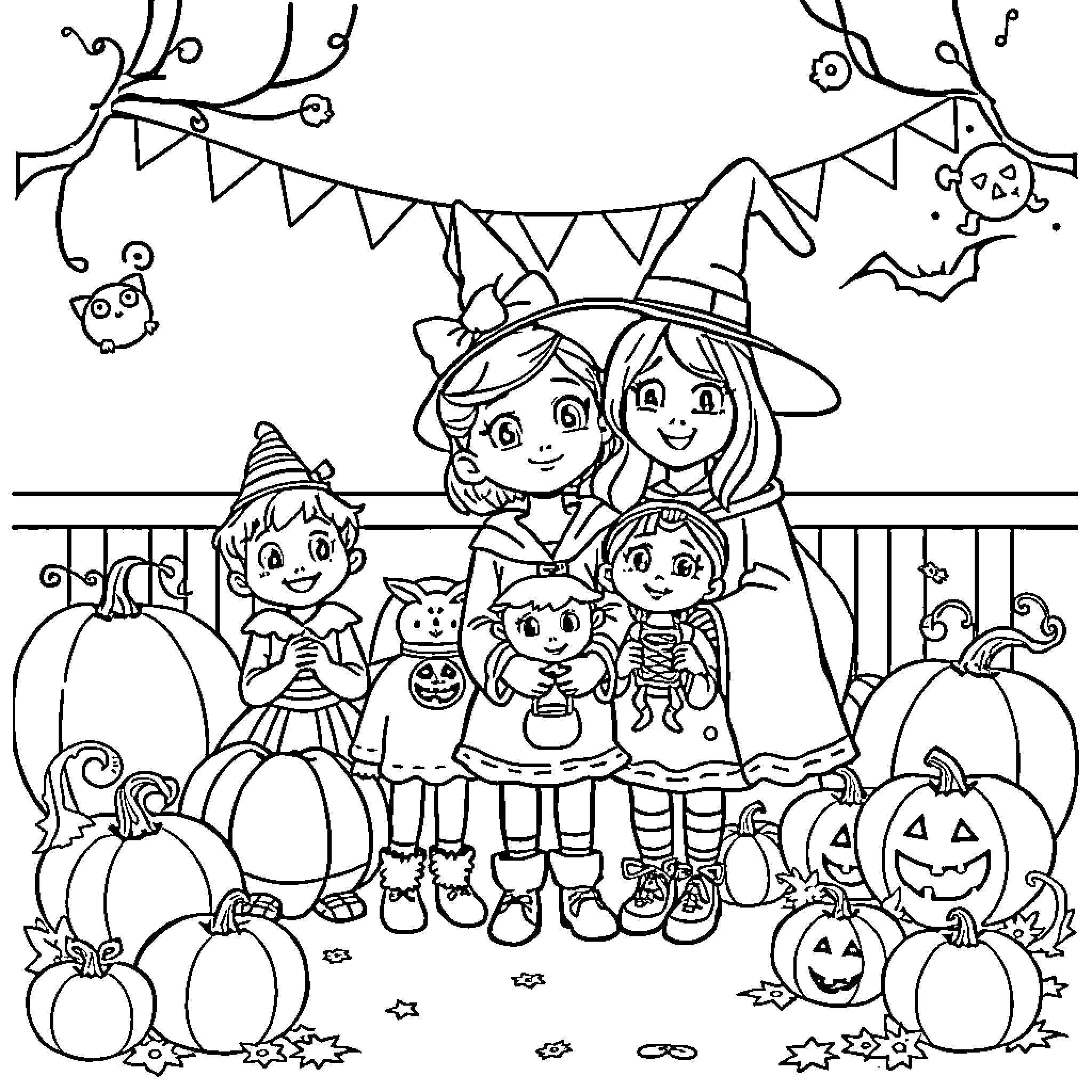 Bluey's Spooky Halloween Celebration Coloring Page (free black-and-white line drawing printable PDF for all, from beginners to advanced learners, including children, teens, adults, and seniors)