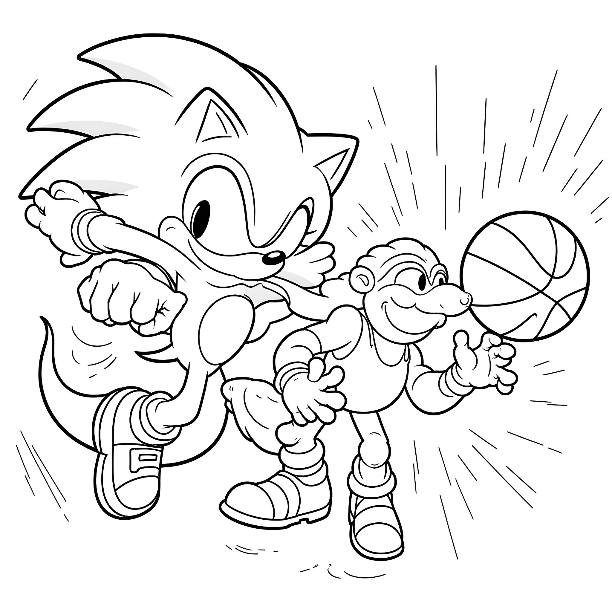 Sonic the Hedgehog playing energetically with friends Coloring Page (free black-and-white line drawing printable PDF for all, from beginners to advanced learners, including children, teens, adults, and seniors)