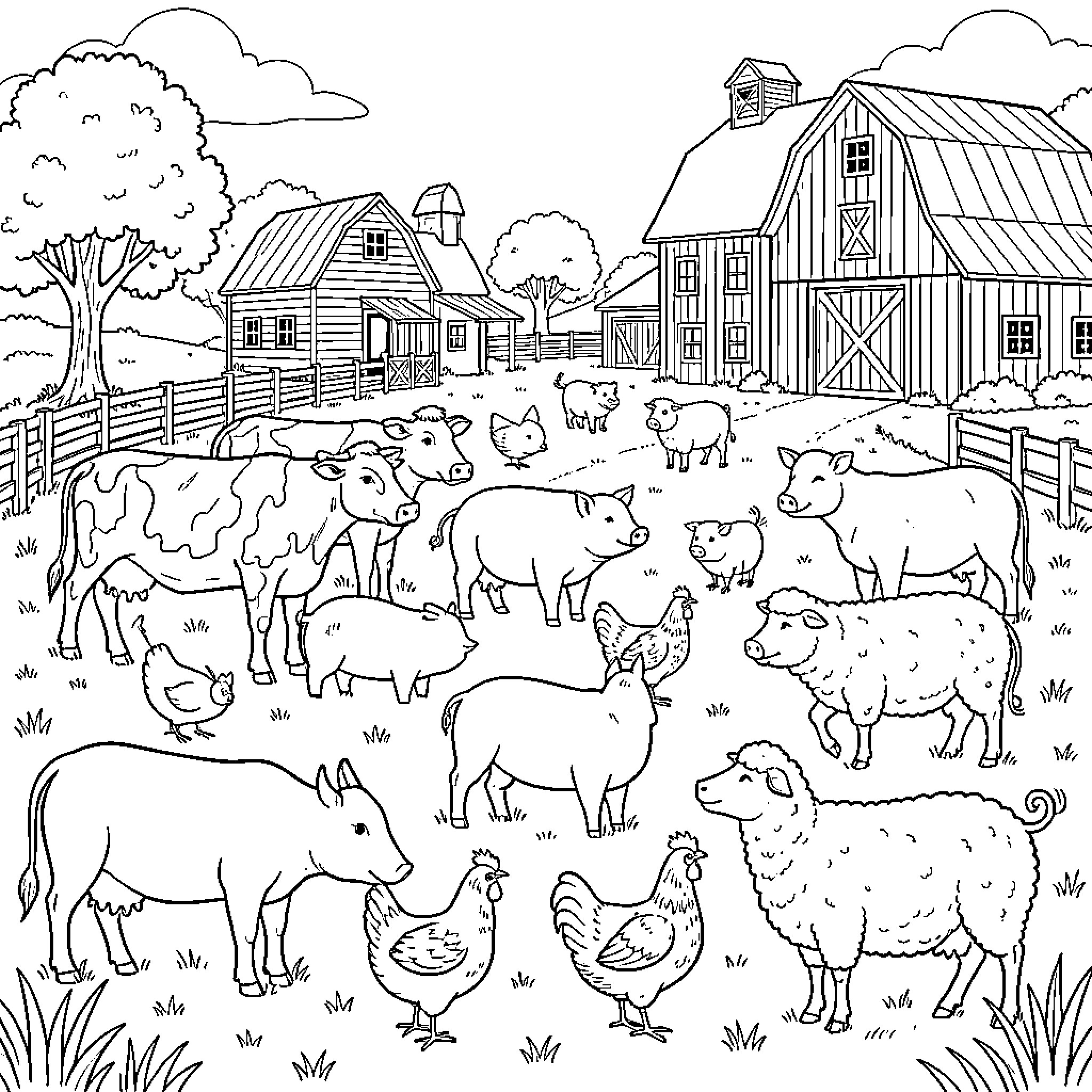 Farm Animal gathering in a busy barnyard scene Coloring Page (free black-and-white line drawing printable PDF for all, from beginners to advanced learners, including children, teens, adults, and seniors)