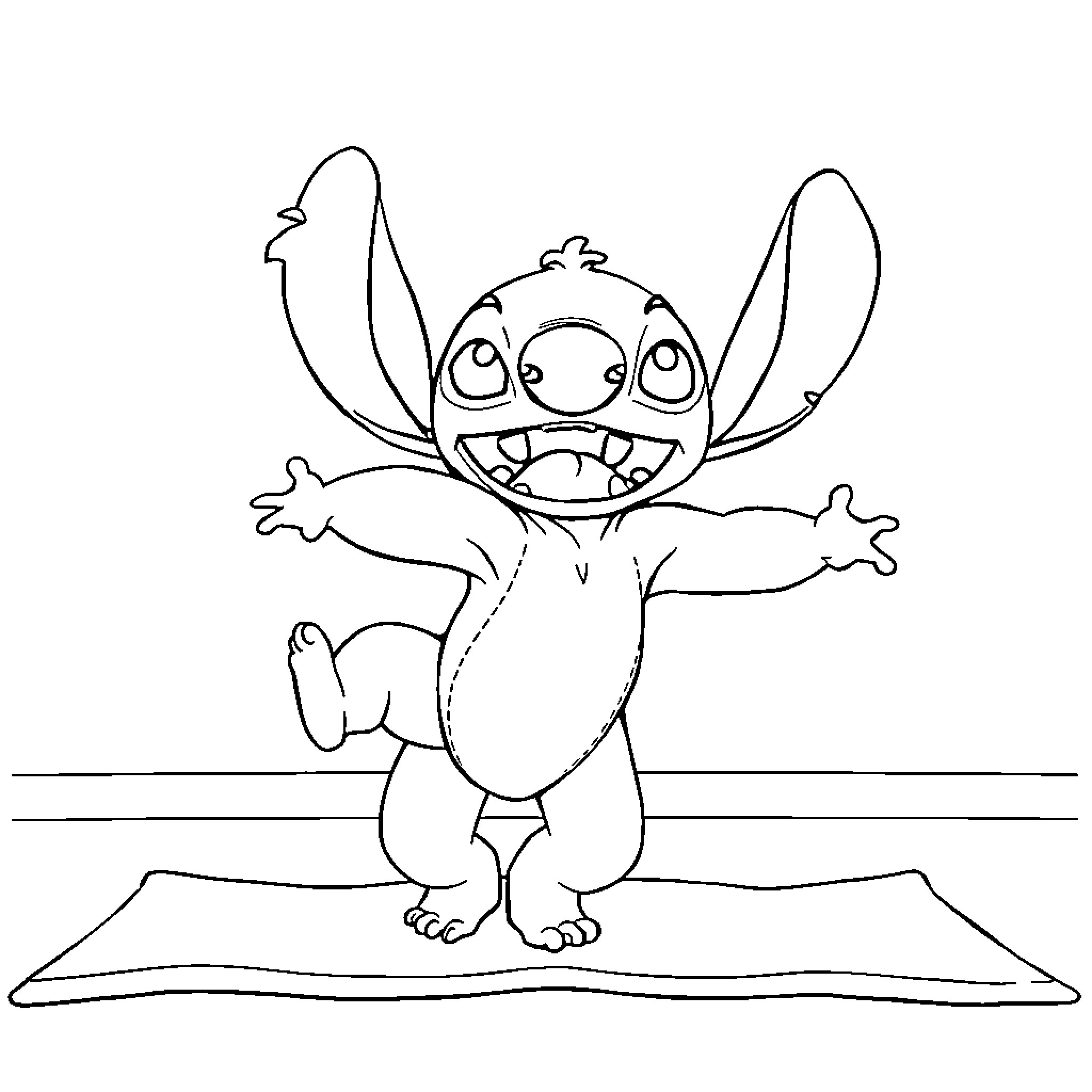 Stitch jumping with joy on a rug Coloring Page (free black-and-white line drawing printable PDF for all, from beginners to advanced learners, including children, teens, adults, and seniors)