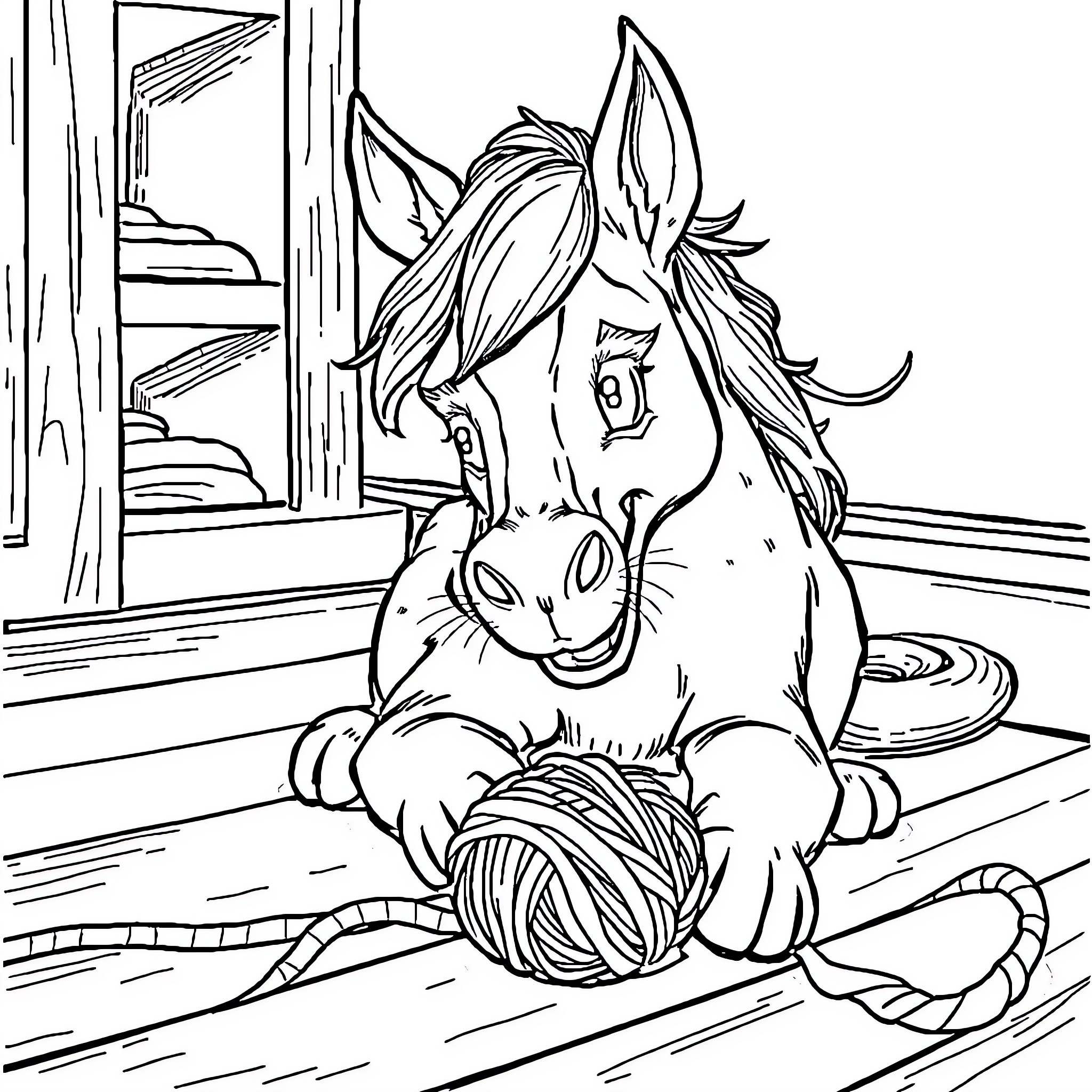 Cat playing with yarn in room Coloring Page (free black-and-white line drawing printable PDF for all, from beginners to advanced learners, including children, teens, adults, and seniors)