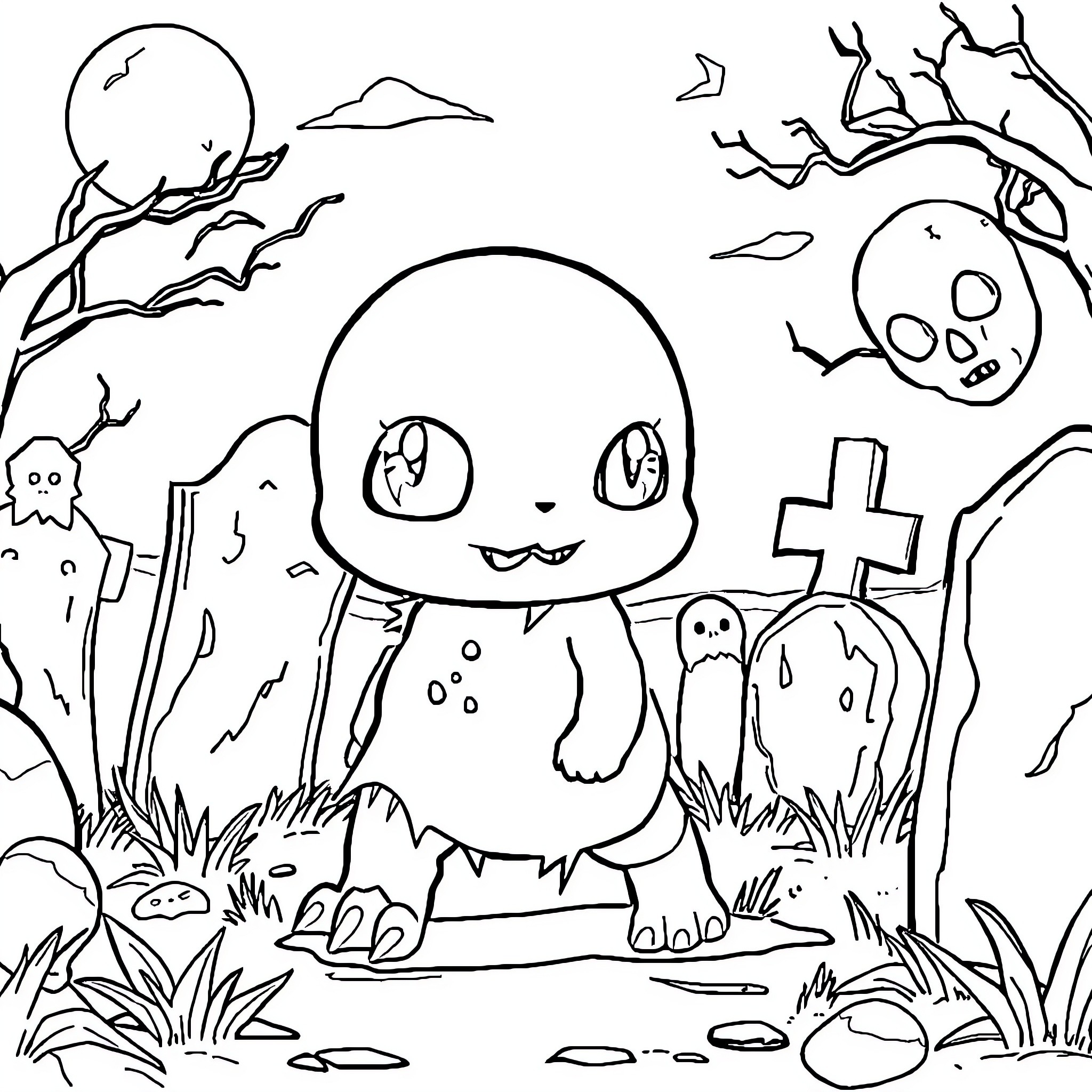 Zombie Pokémon exploring a spooky graveyard Coloring Page (free black-and-white line drawing printable PDF for all, from beginners to advanced learners, including children, teens, adults, and seniors)